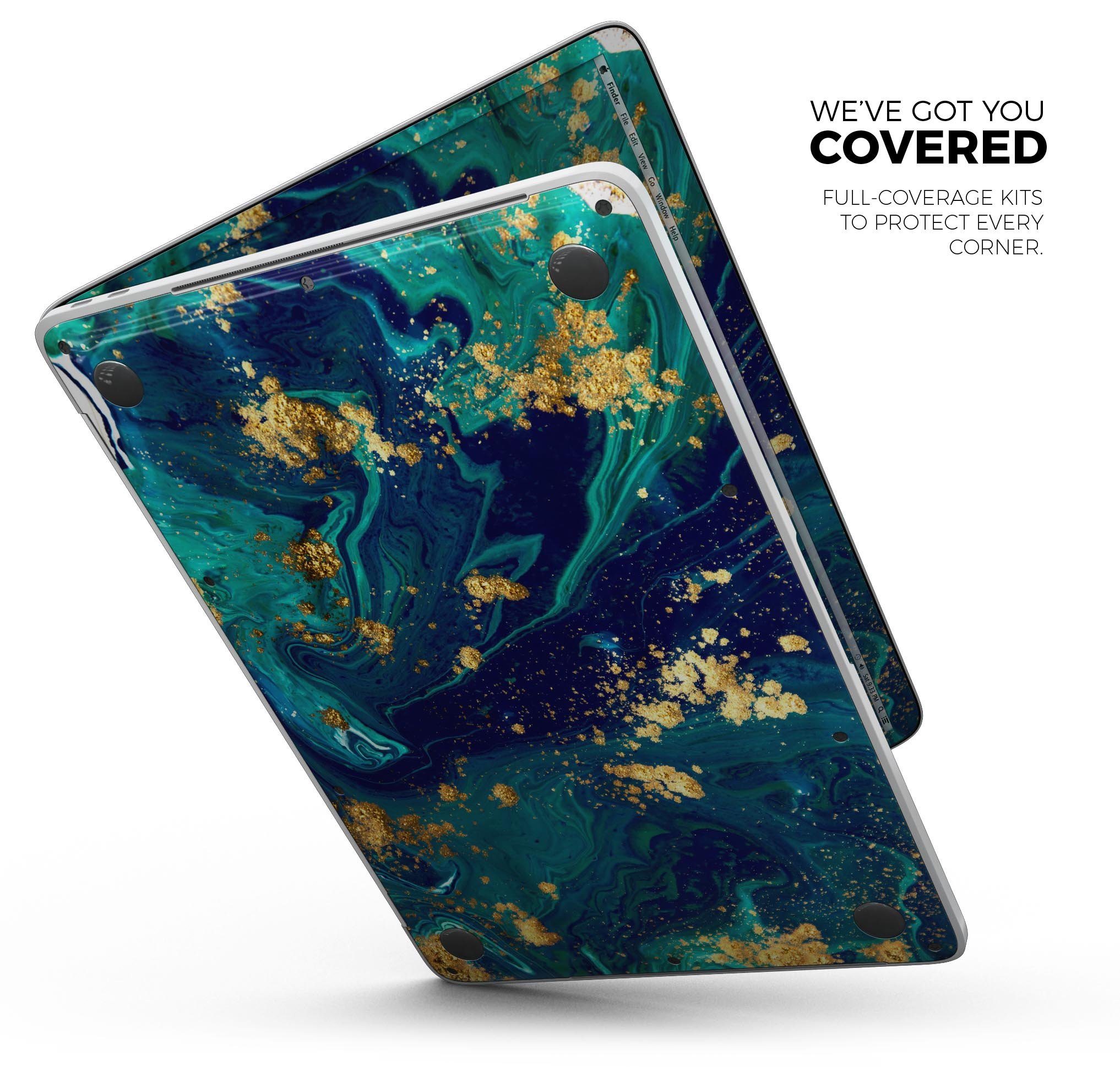 Gold Flaked Teal Oil Skin Decal Wrap Kit for Apple MacBook, showcasing a vibrant design and premium vinyl material.