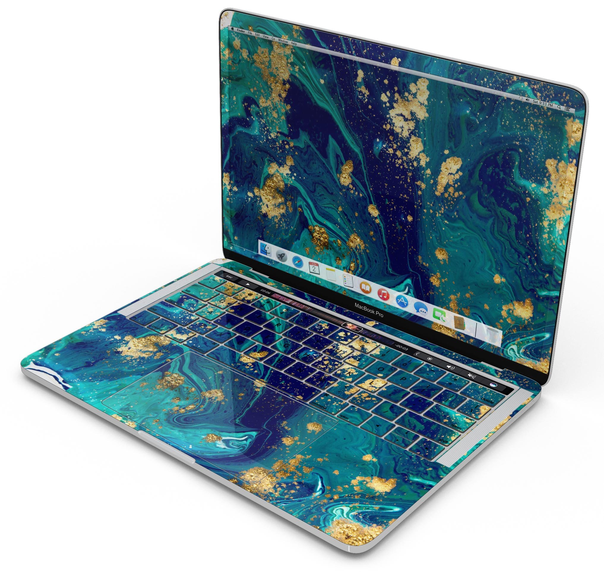 Gold Flaked Teal Oil Skin Decal Wrap Kit for Apple MacBook, showcasing a vibrant design and premium vinyl material.