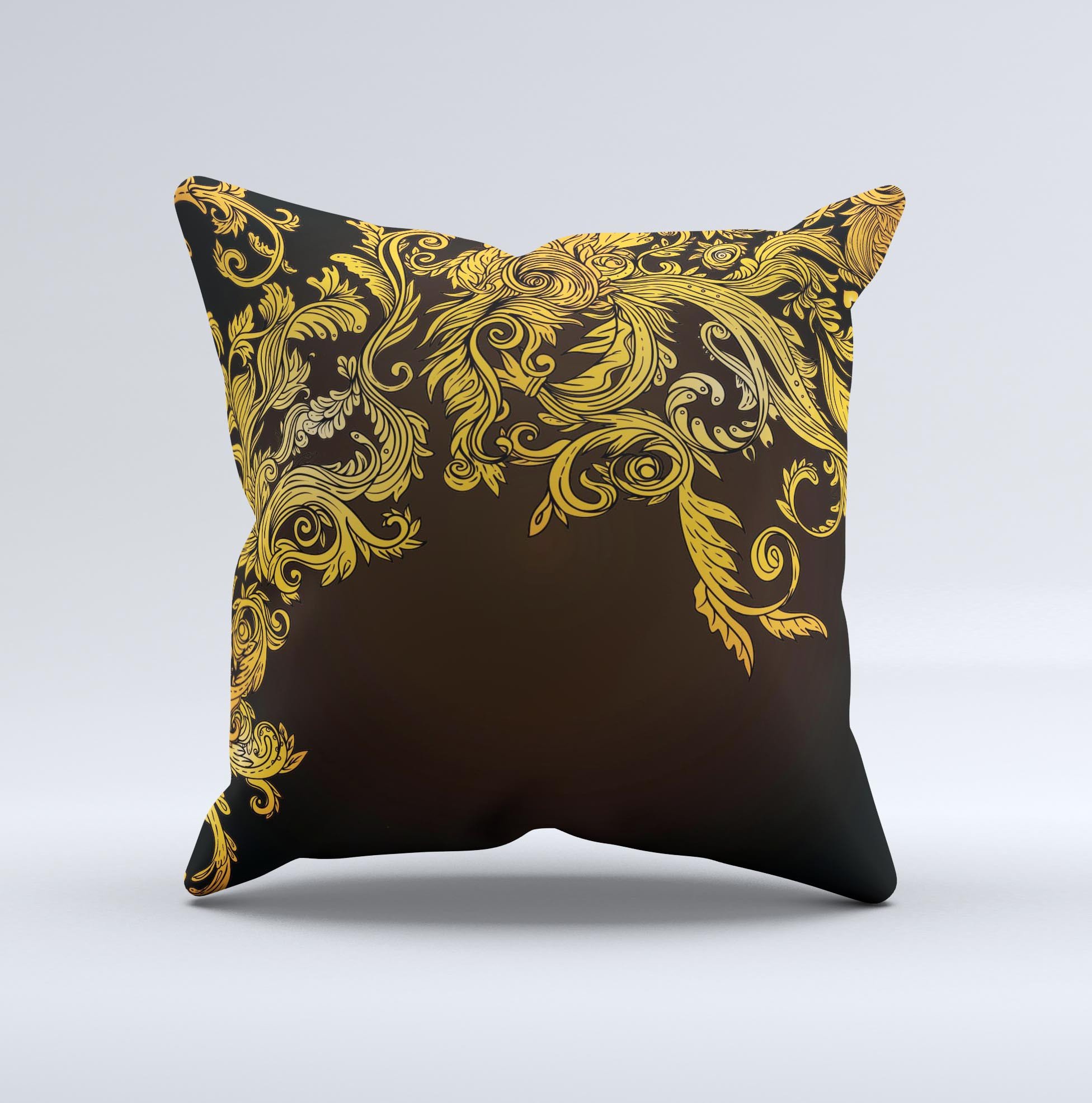 Gold floral vector pattern on a black decorative throw pillow, showcasing intricate designs and high-quality craftsmanship.