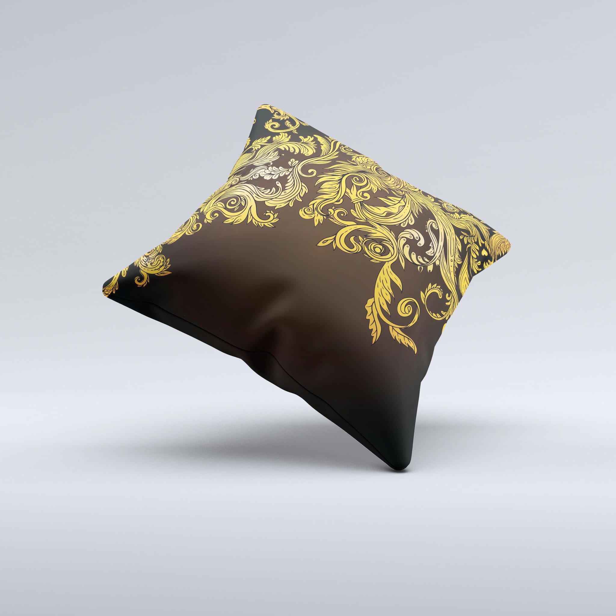 Gold floral vector pattern on a black decorative throw pillow, showcasing intricate designs and high-quality craftsmanship.