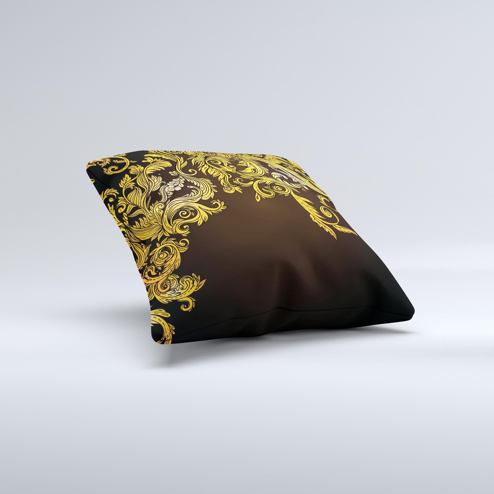 Gold floral vector pattern on a black decorative throw pillow, showcasing intricate designs and high-quality craftsmanship.