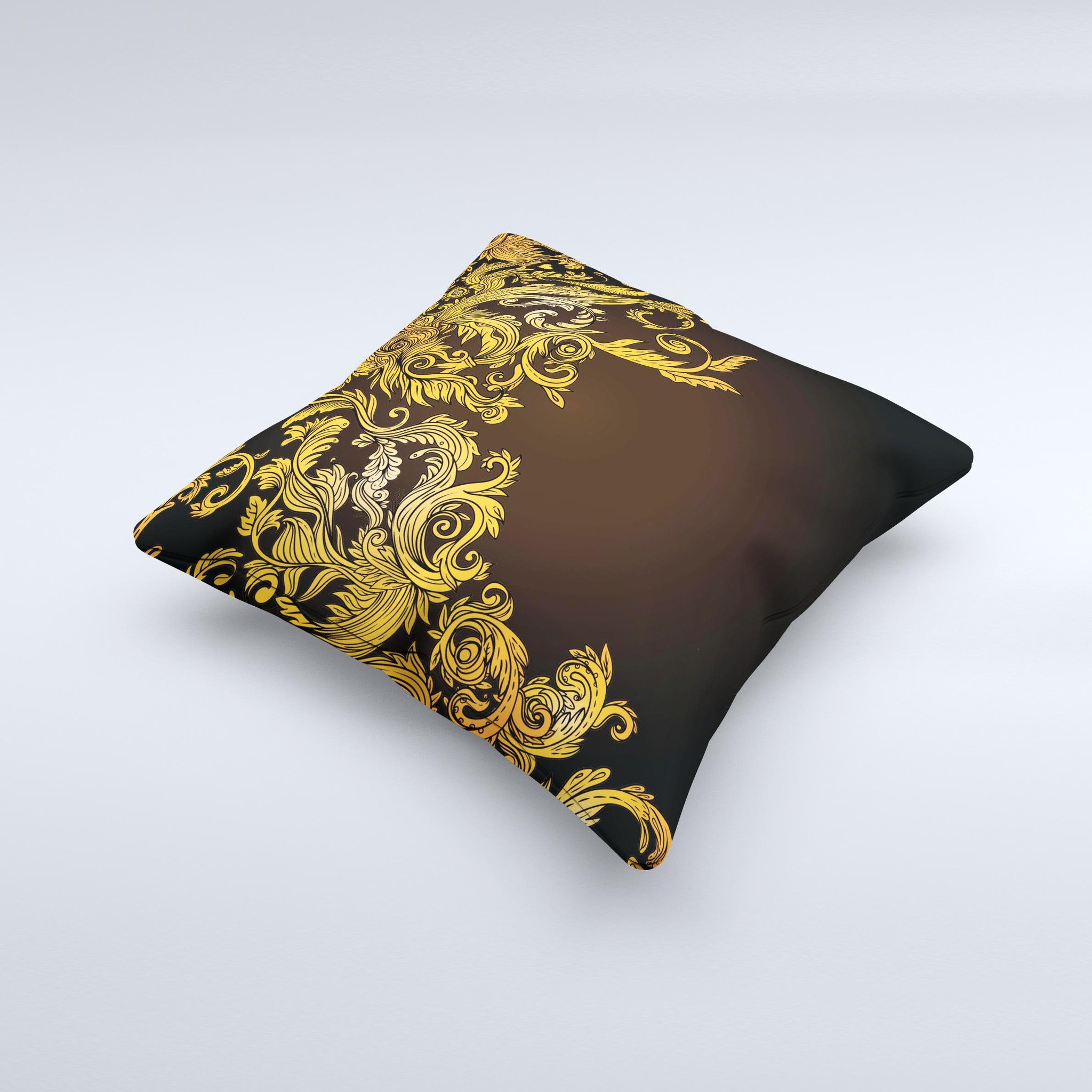 Gold floral vector pattern on a black decorative throw pillow, showcasing intricate designs and high-quality craftsmanship.