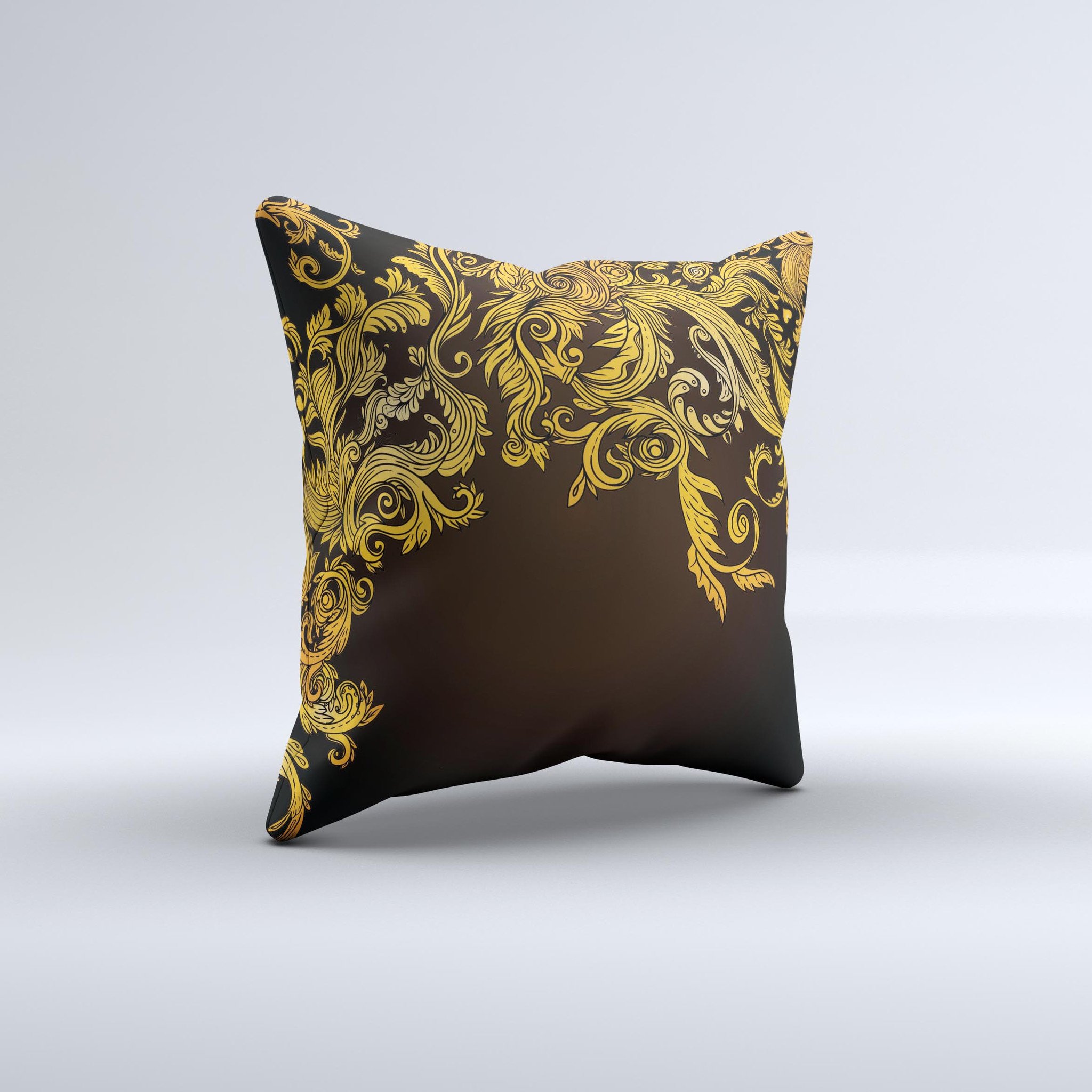 Gold floral vector pattern on a black decorative throw pillow, showcasing intricate designs and high-quality craftsmanship.