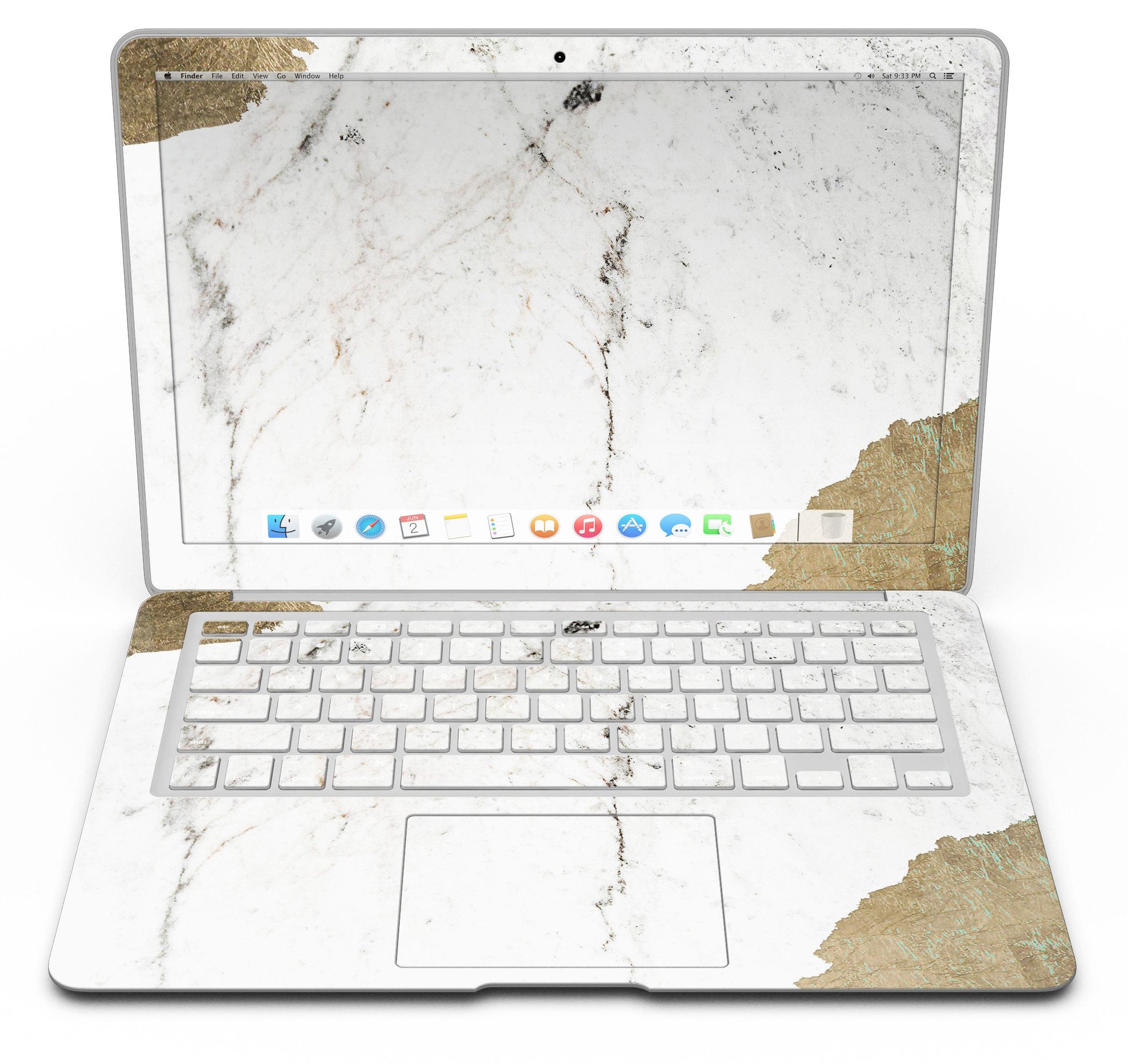 Gold Foiled Marble skin kit for MacBook Air, showcasing a stylish design with gold foil accents on a marble background.