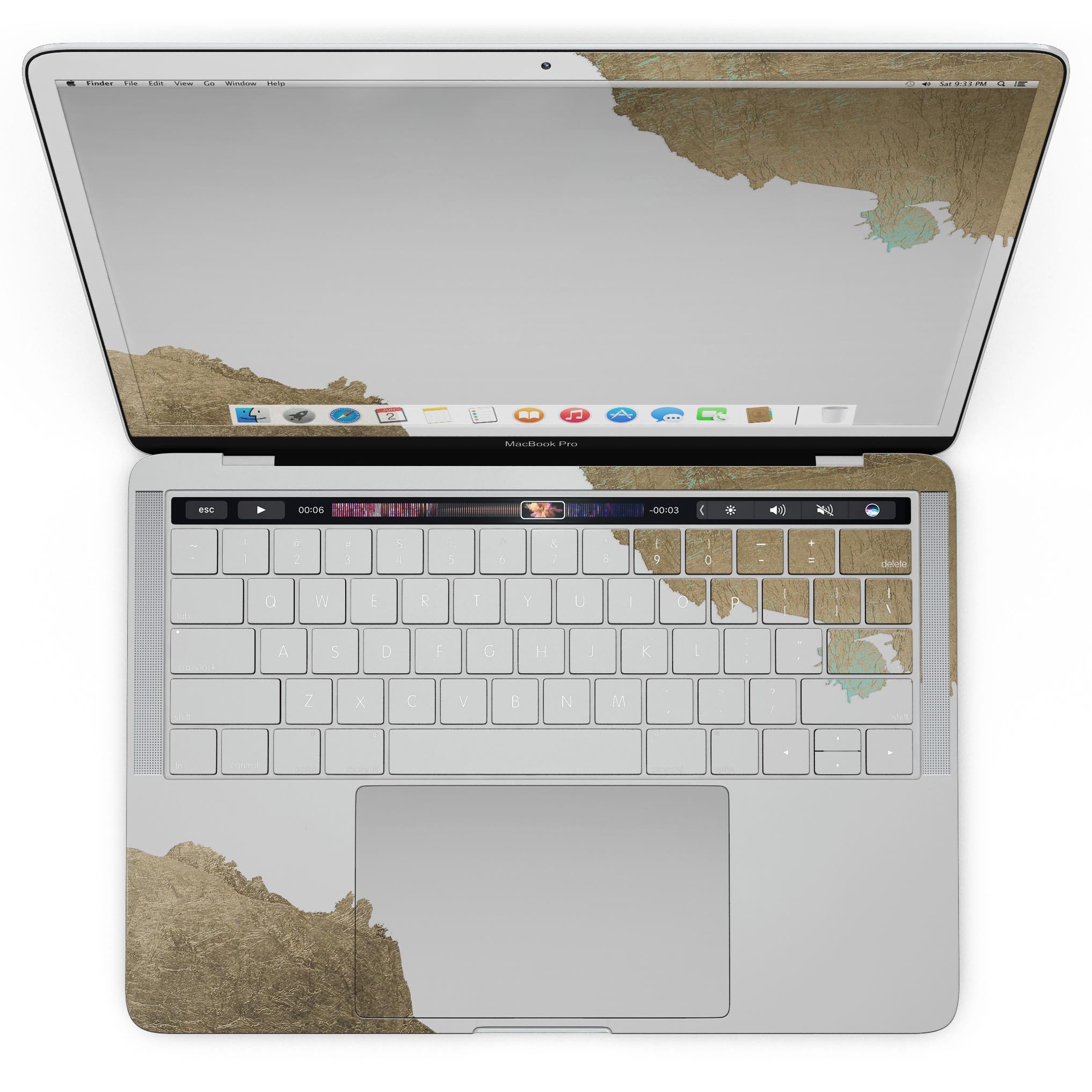 Gold Foiled White v1 skin kit for MacBook Pro with Touch Bar, showcasing a stylish design and premium vinyl material.