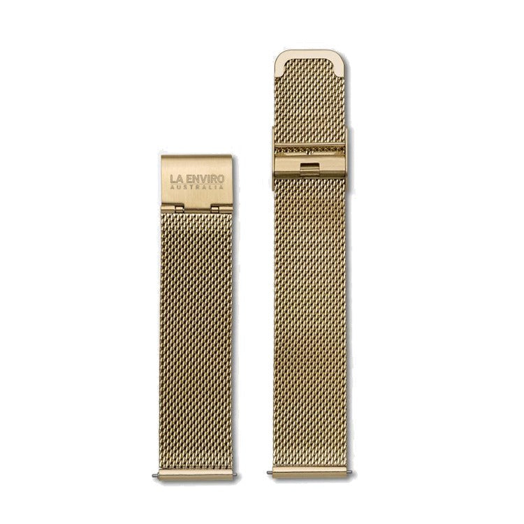 Gold Mesh Wrist Strap made of stainless steel, featuring a lightweight design and engraved buckle, perfect for 20mm watches.