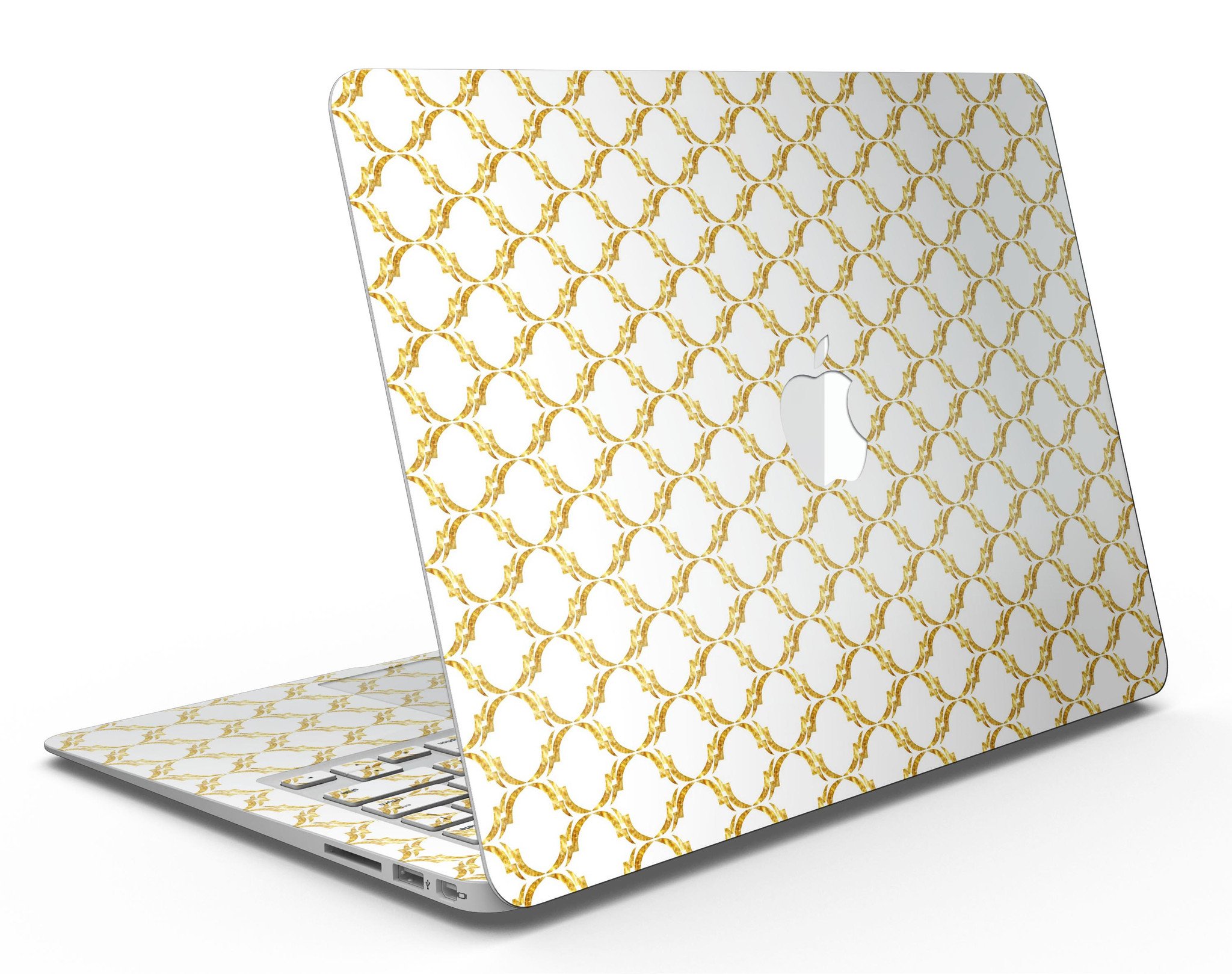 Gold Moroccan v3 skin kit for MacBook Air, showcasing intricate design and premium vinyl material.