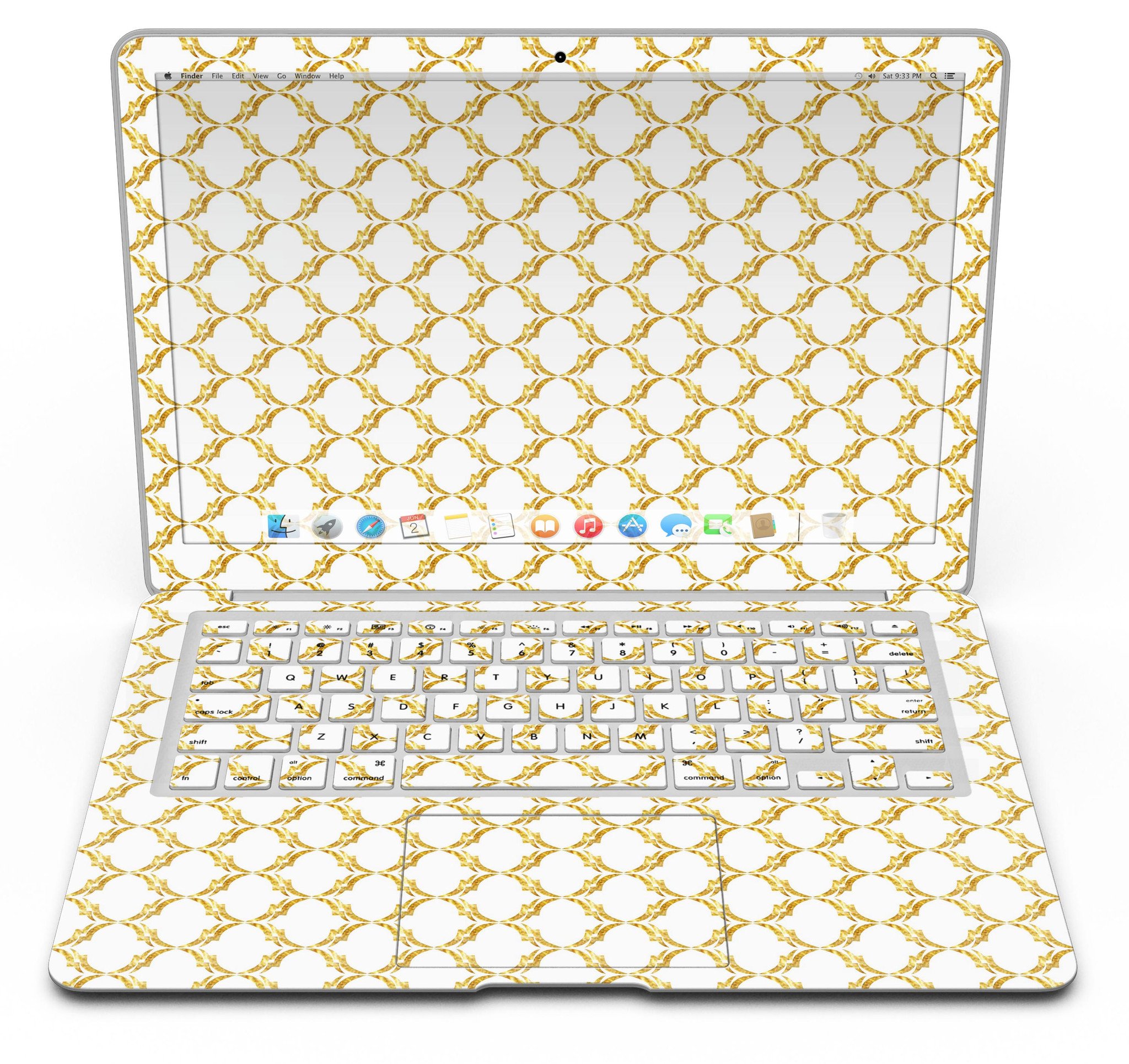 Gold Moroccan v3 skin kit for MacBook Air, showcasing intricate design and premium vinyl material.