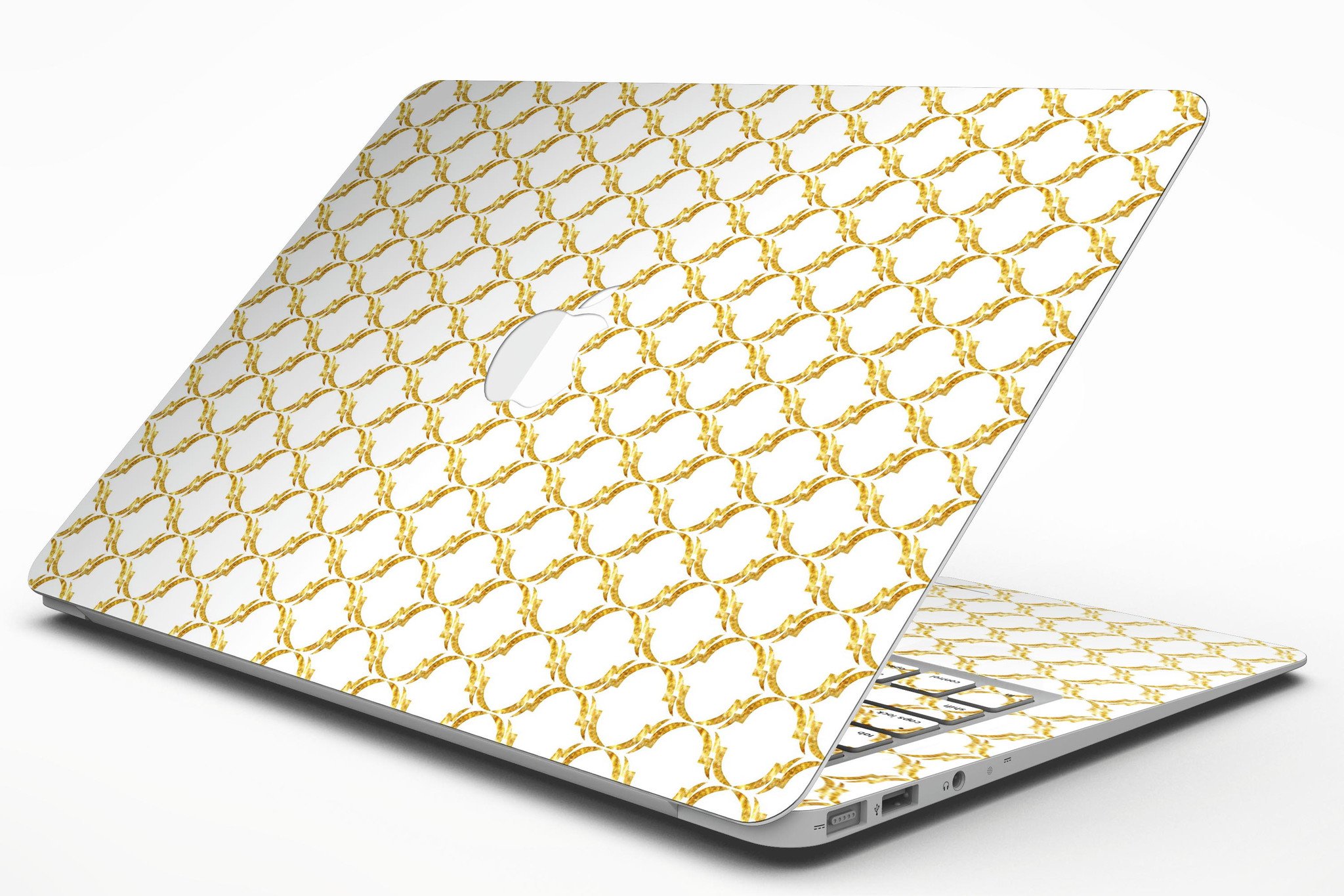 Gold Moroccan v3 skin kit for MacBook Air, showcasing intricate design and premium vinyl material.