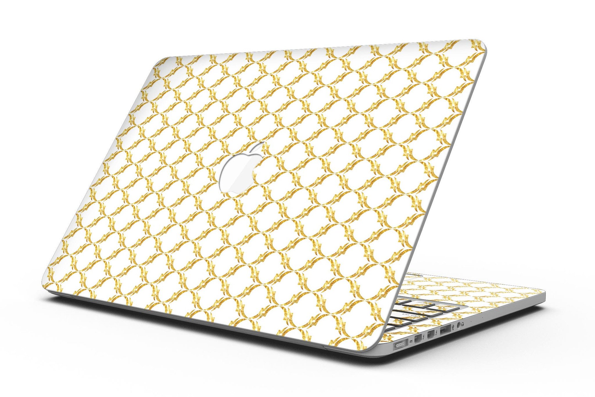 Gold Moroccan v3 skin for MacBook Pro with Retina Display, showcasing intricate design and premium vinyl material.