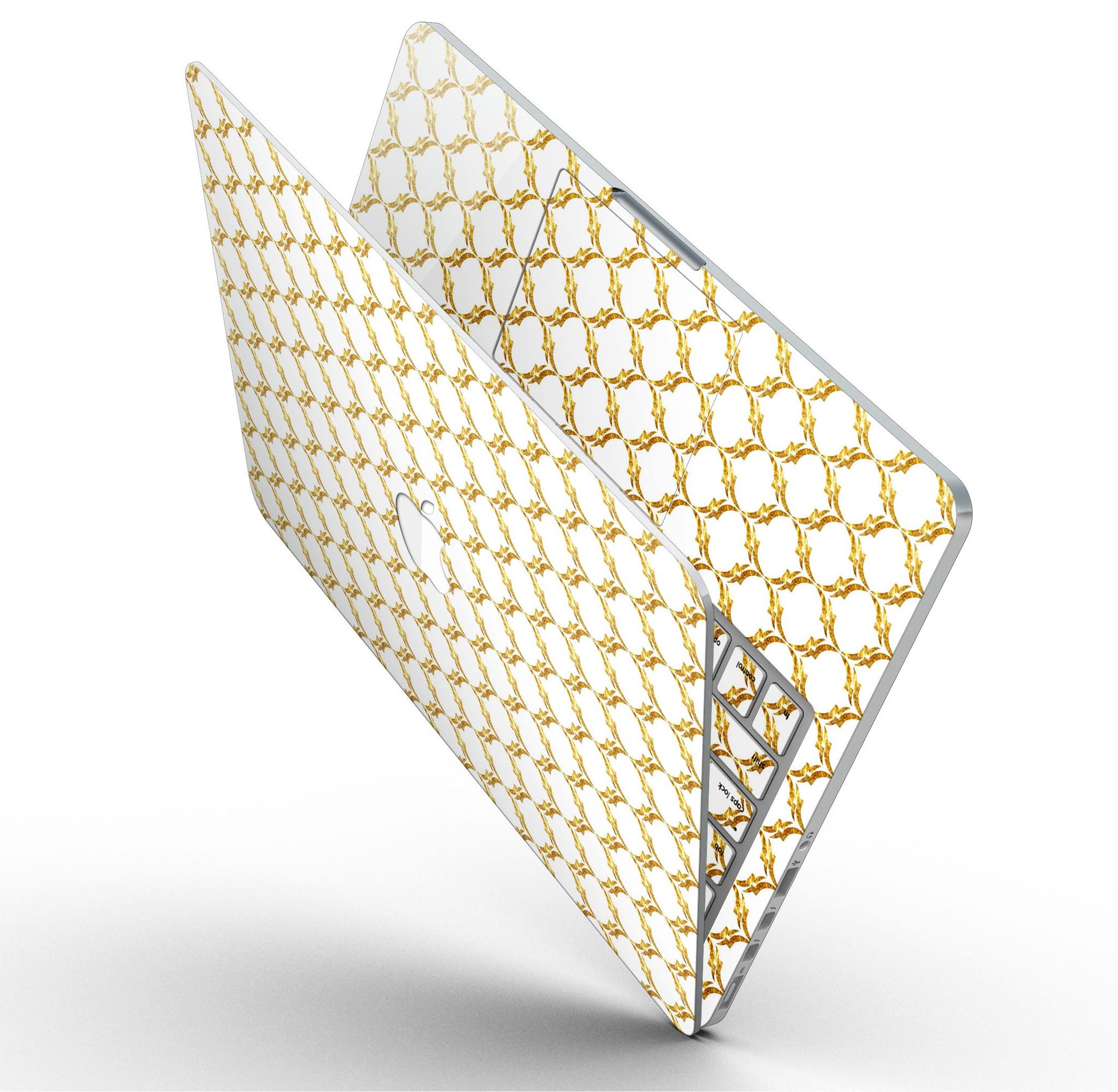 Gold Moroccan v3 skin for MacBook Pro with Retina Display, showcasing intricate design and premium vinyl material.