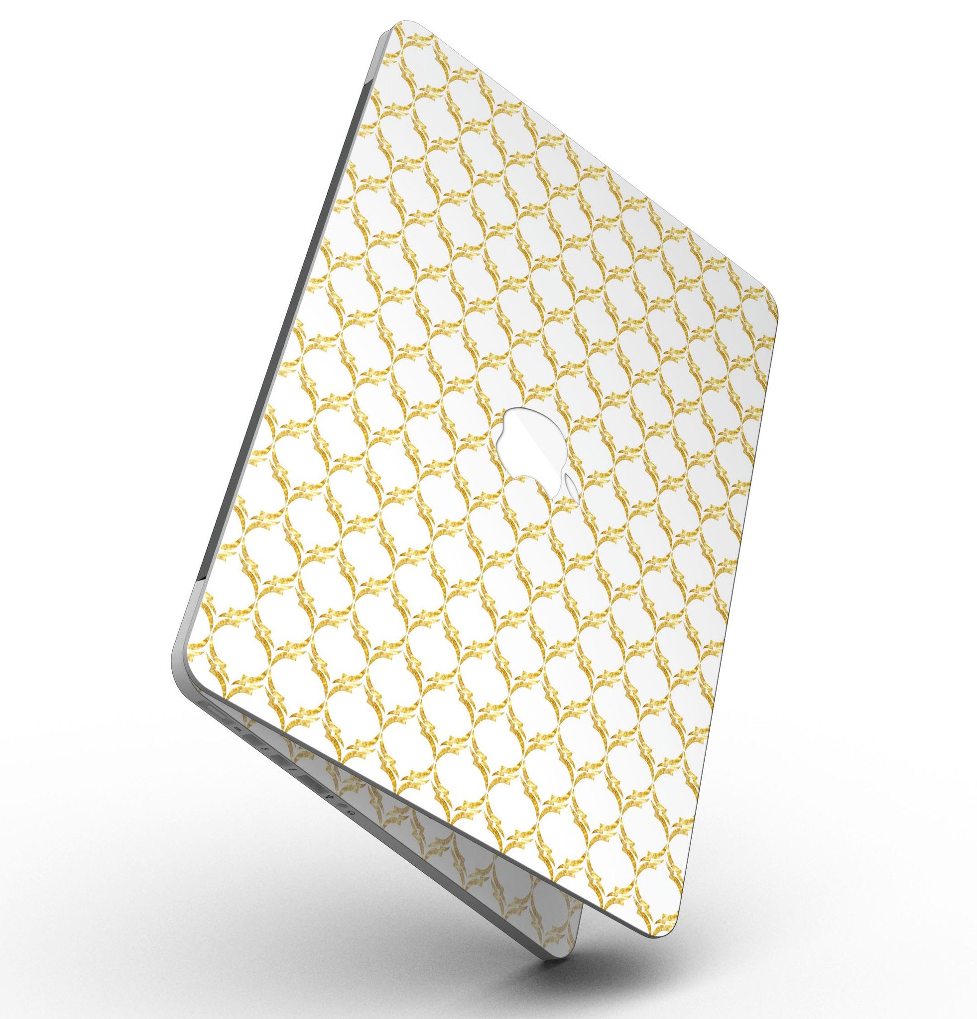 Gold Moroccan v3 skin for MacBook Pro with Retina Display, showcasing intricate design and premium vinyl material.