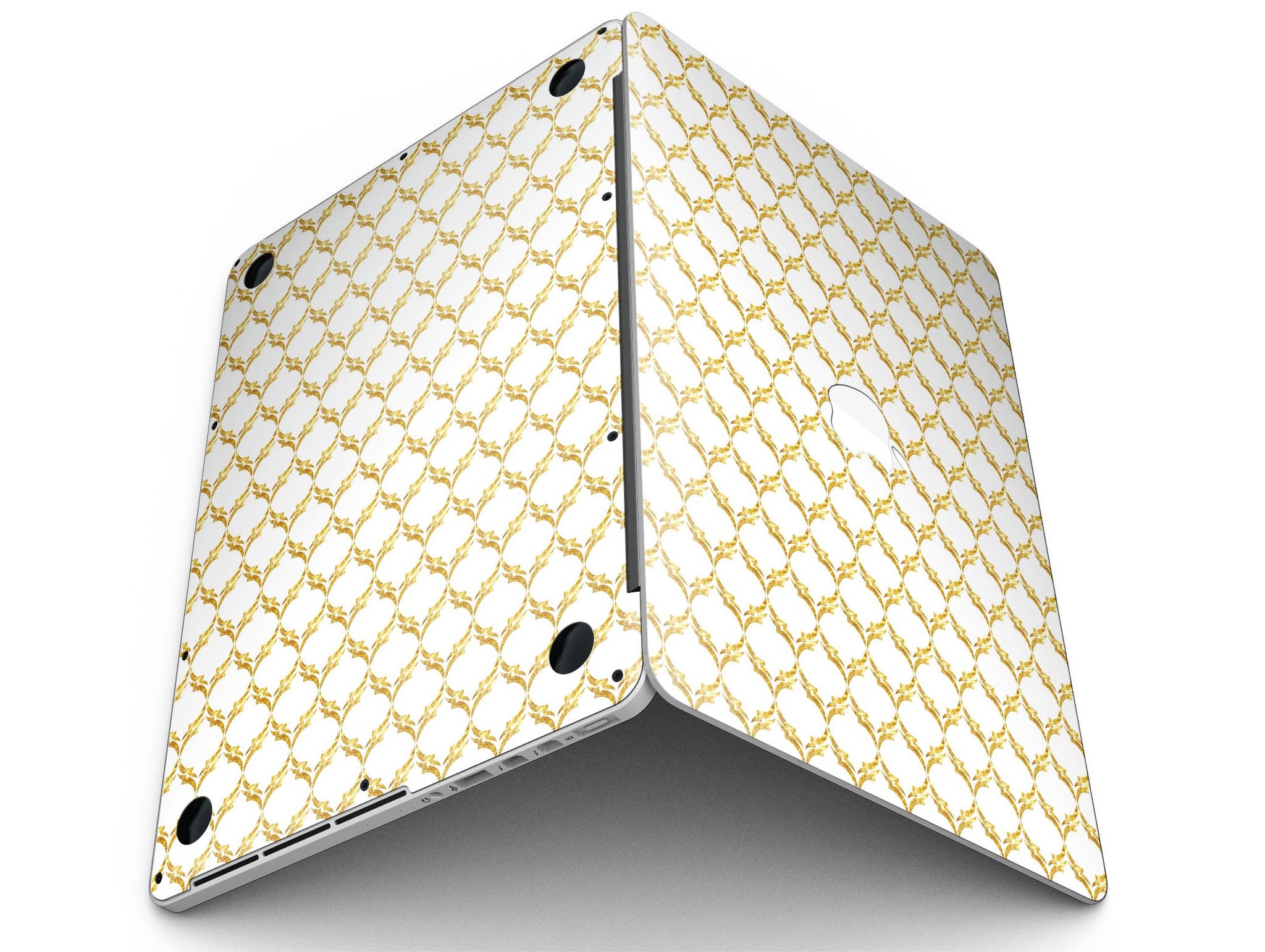 Gold Moroccan v3 skin for MacBook Pro with Retina Display, showcasing intricate design and premium vinyl material.