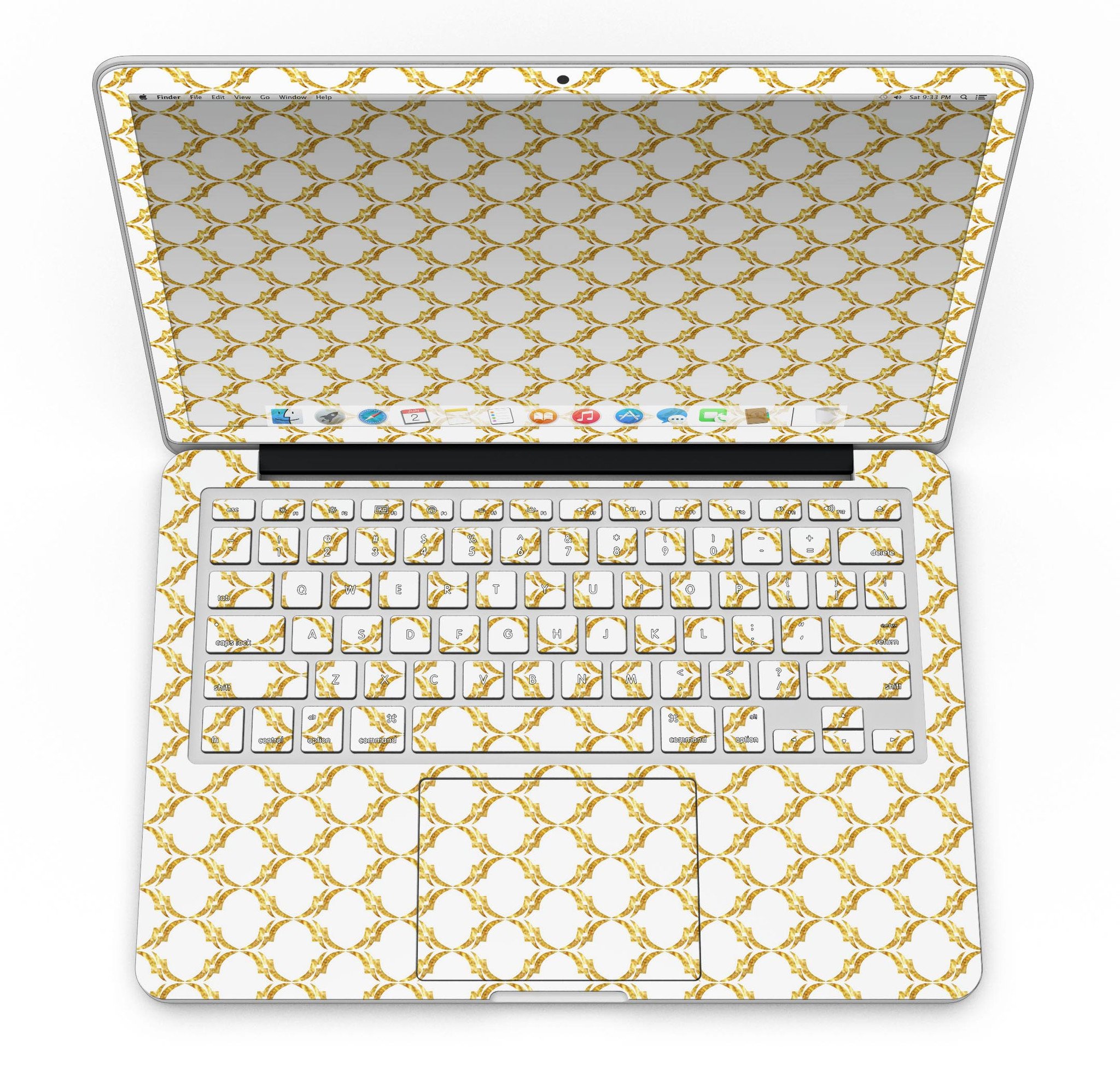 Gold Moroccan v3 skin for MacBook Pro with Retina Display, showcasing intricate design and premium vinyl material.