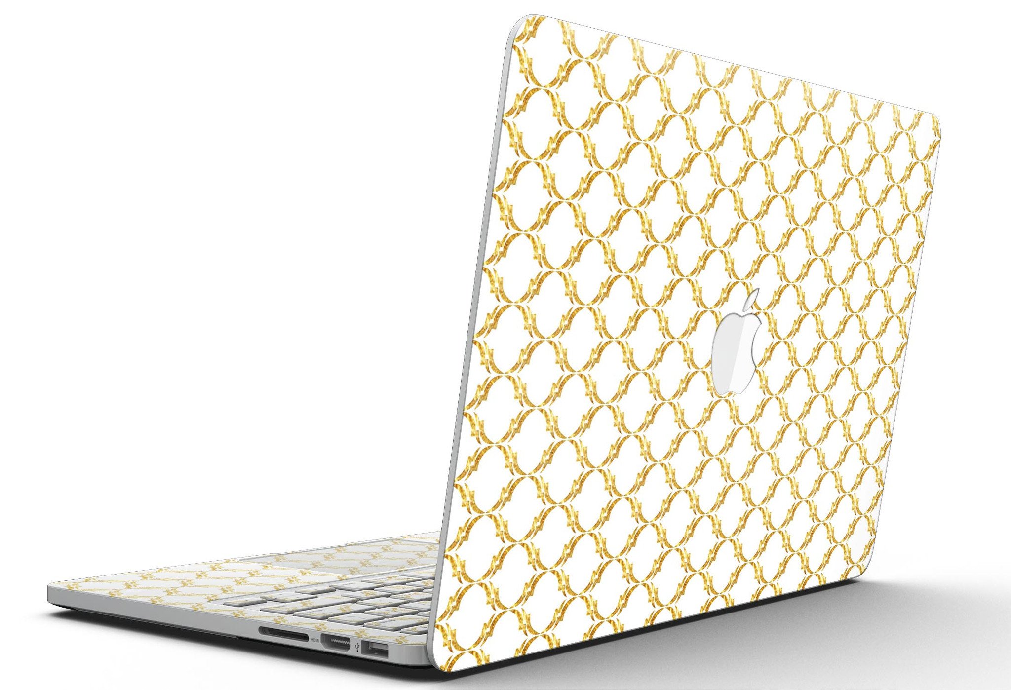 Gold Moroccan v3 skin for MacBook Pro with Retina Display, showcasing intricate design and premium vinyl material.