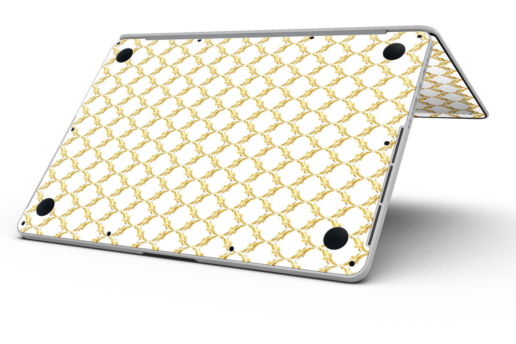 Gold Moroccan v3 skin for MacBook Pro with Retina Display, showcasing intricate design and premium vinyl material.