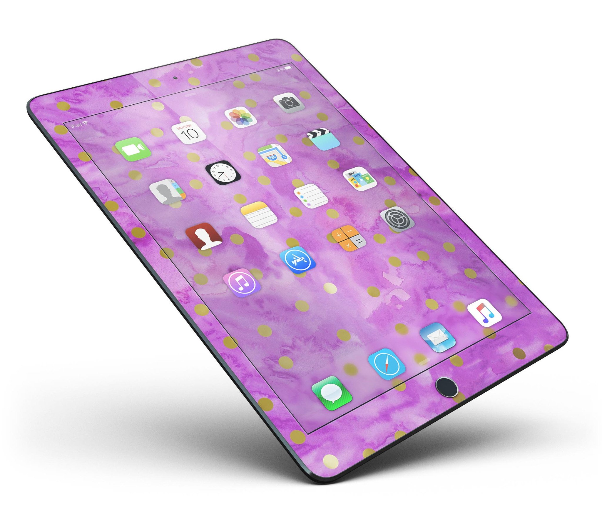 Gold polka dots design on a grungy pink surface skin for Apple iPad Pro, showcasing a stylish and protective wrap.