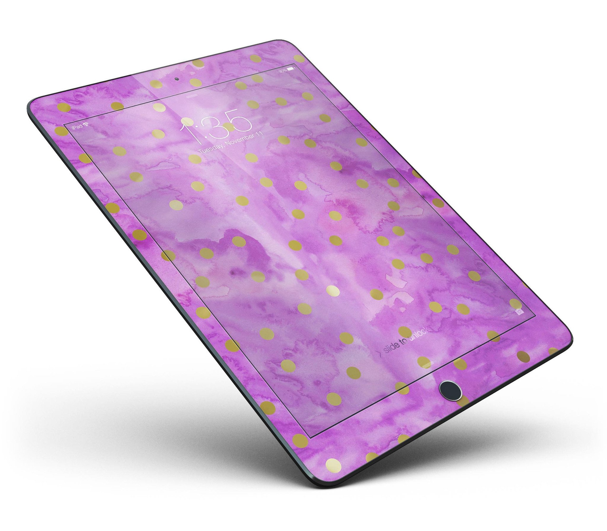 Gold polka dots design on a grungy pink surface skin for Apple iPad Pro, showcasing a stylish and protective wrap.