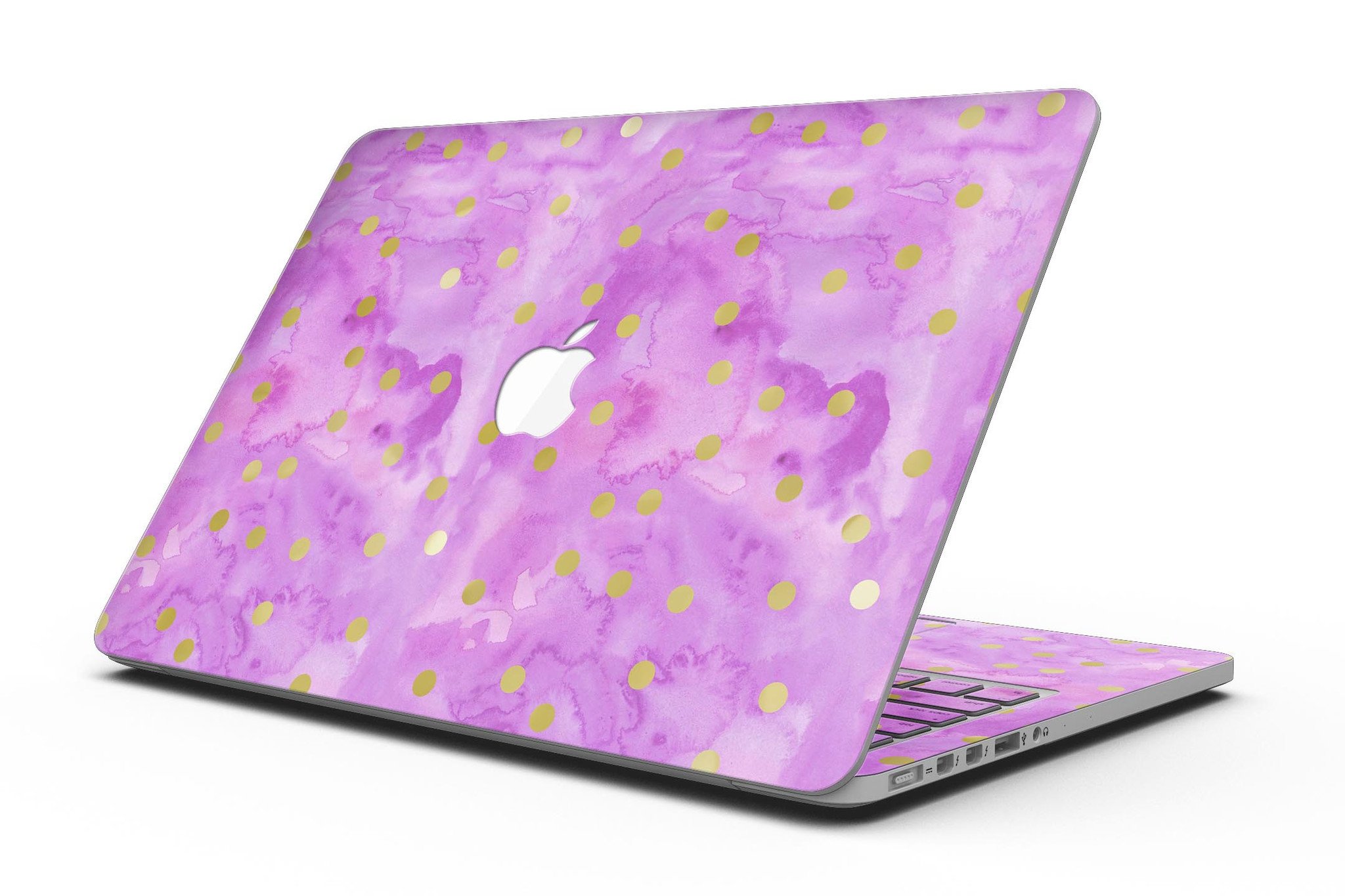 Gold polka dots design on a grungy pink surface skin for MacBook Pro with Retina Display, showcasing style and protection.