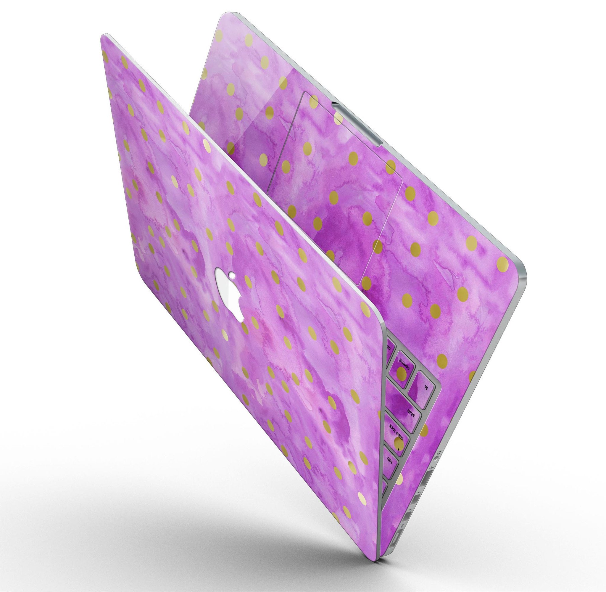 Gold polka dots design on a grungy pink surface skin for MacBook Pro with Retina Display, showcasing style and protection.