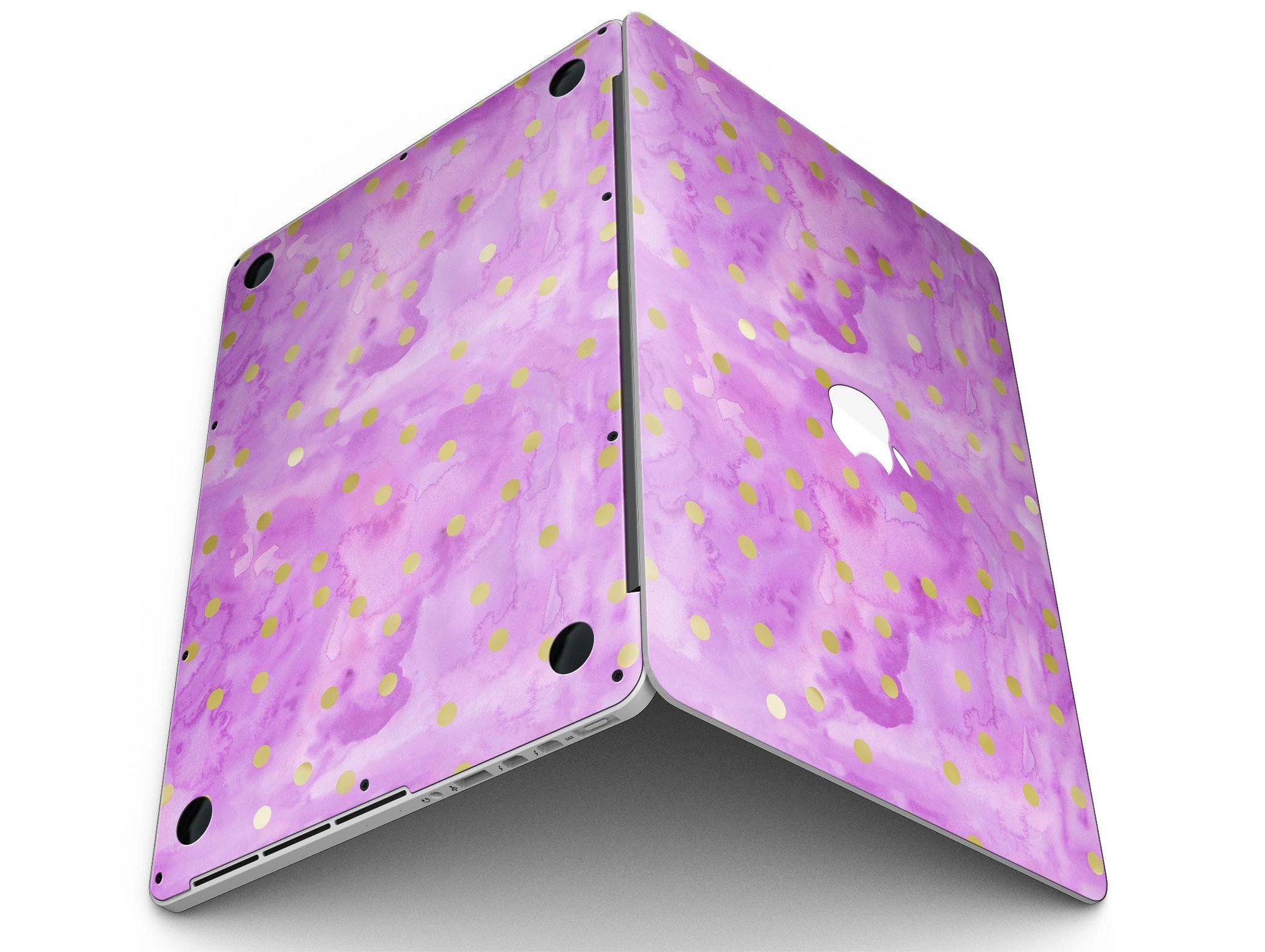 Gold polka dots design on a grungy pink surface skin for MacBook Pro with Retina Display, showcasing style and protection.