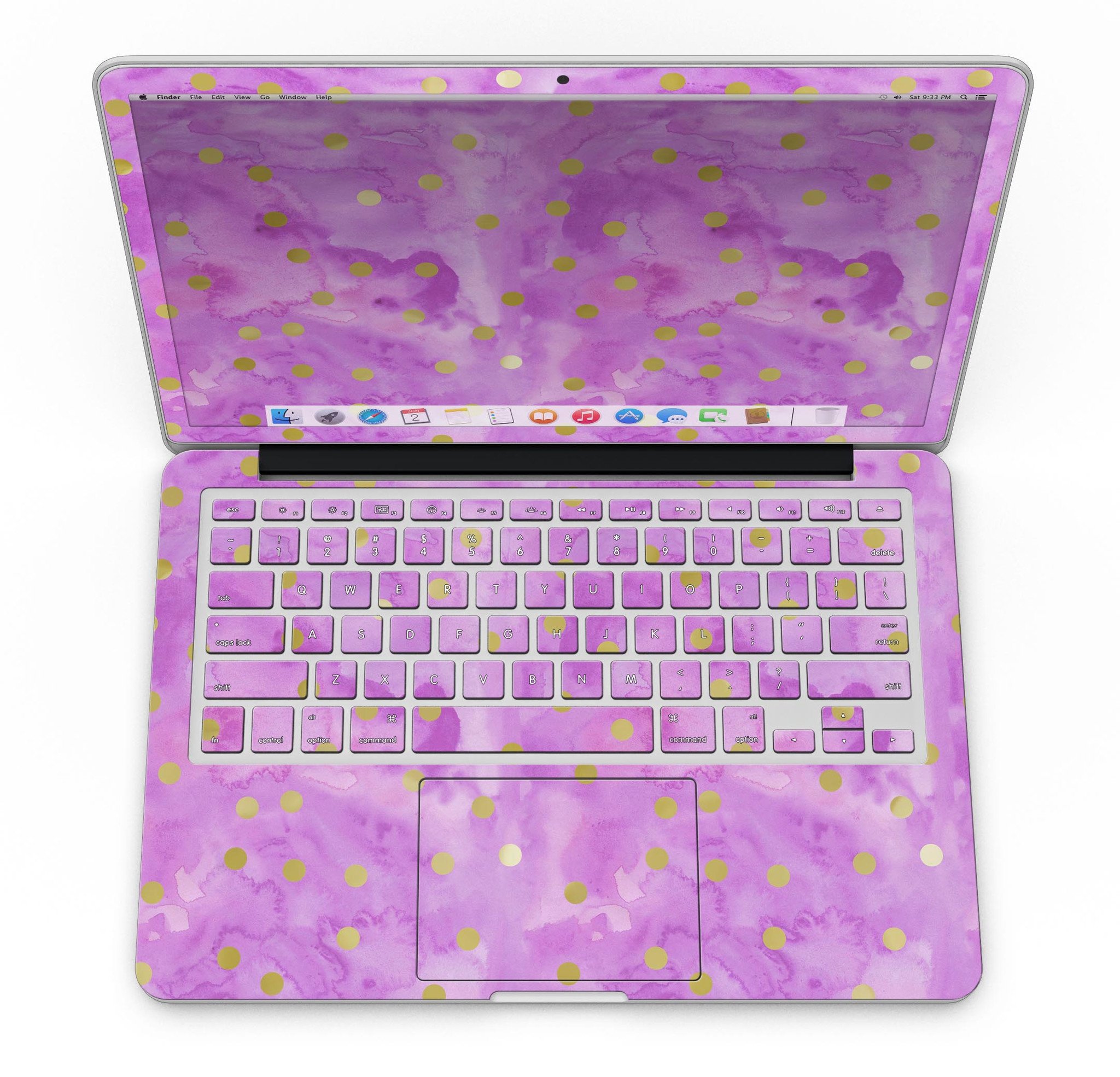 Gold polka dots design on a grungy pink surface skin for MacBook Pro with Retina Display, showcasing style and protection.