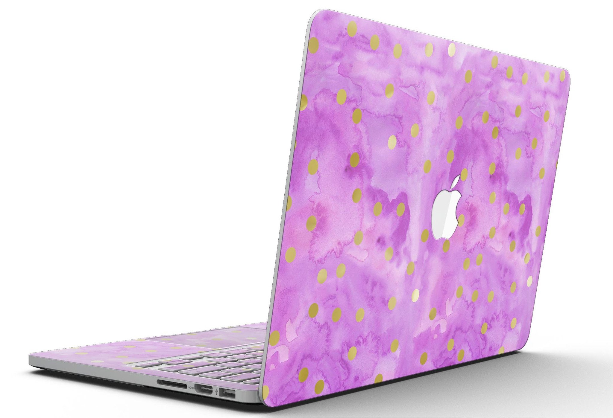 Gold polka dots design on a grungy pink surface skin for MacBook Pro with Retina Display, showcasing style and protection.