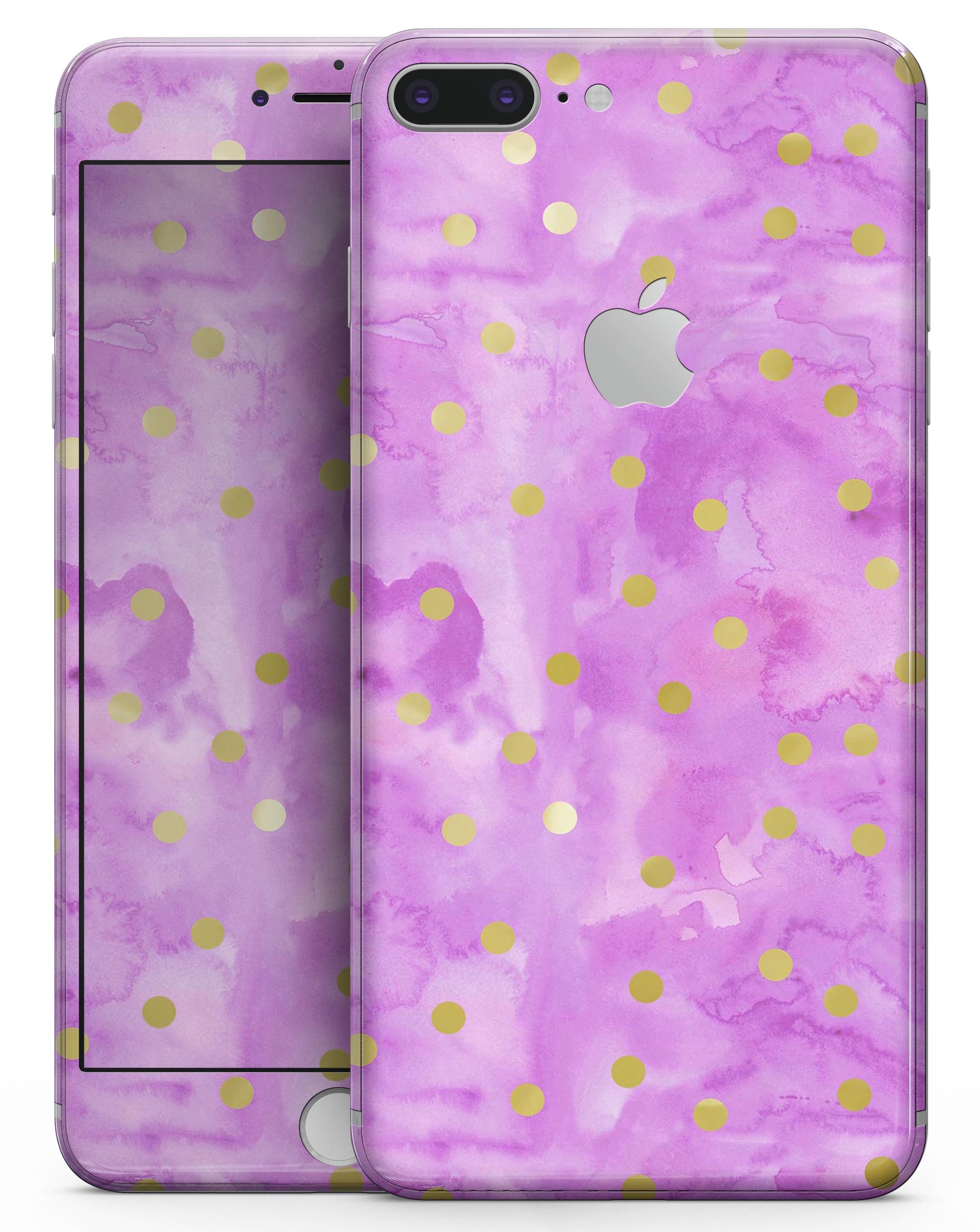 Gold polka dots design on a grungy pink surface skin for iPhone 8, showcasing stylish and protective features.