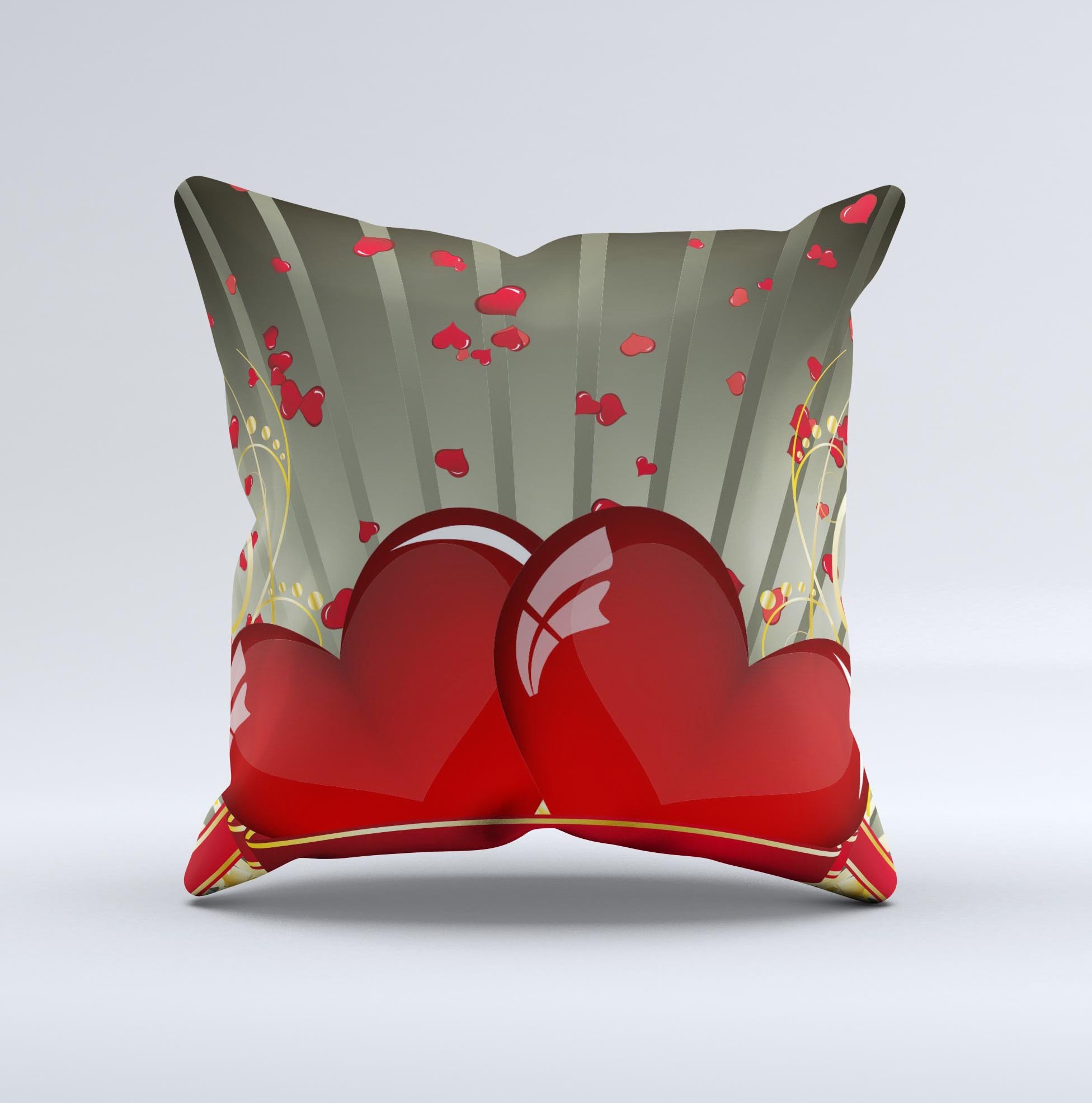 Gold Ribbon Love Hearts ink-Fuzed Decorative Throw Pillow featuring a unique design with gold ribbons and hearts, handcrafted in Virginia.