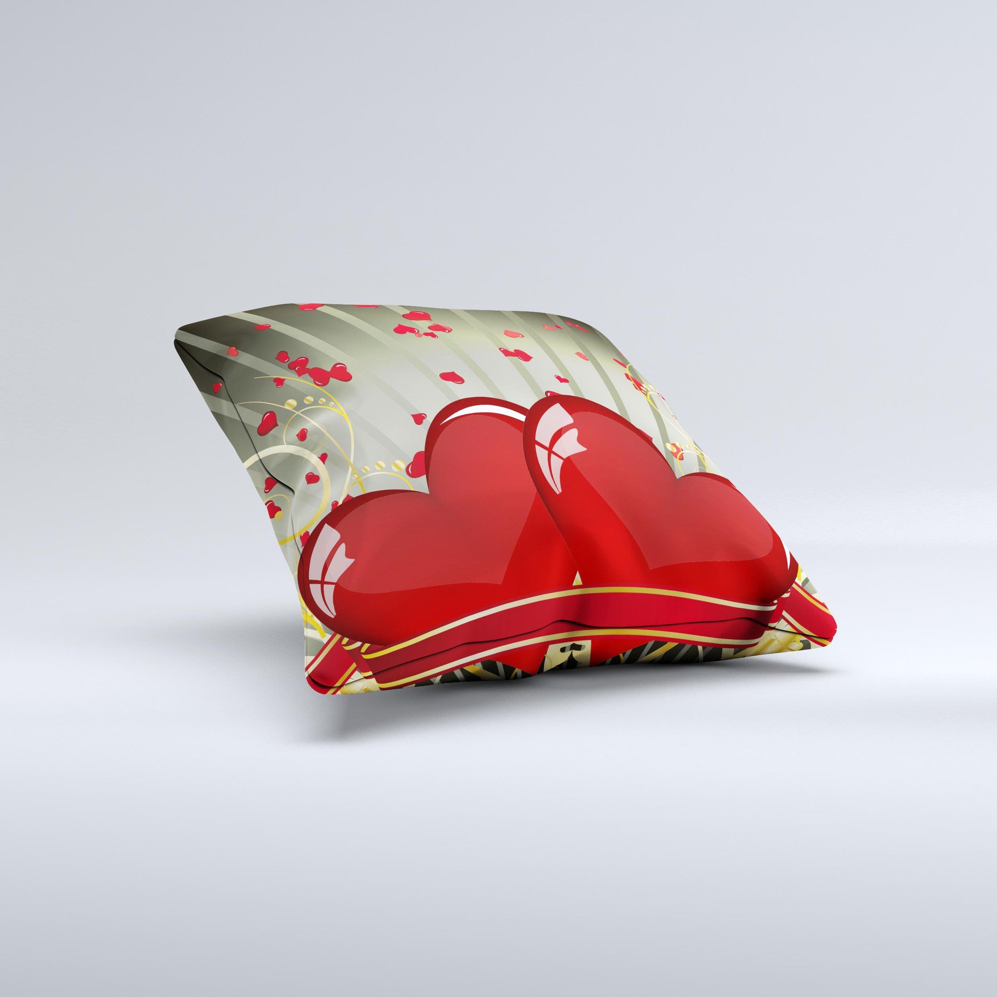 Gold Ribbon Love Hearts ink-Fuzed Decorative Throw Pillow featuring a unique design with gold ribbons and hearts, handcrafted in Virginia.