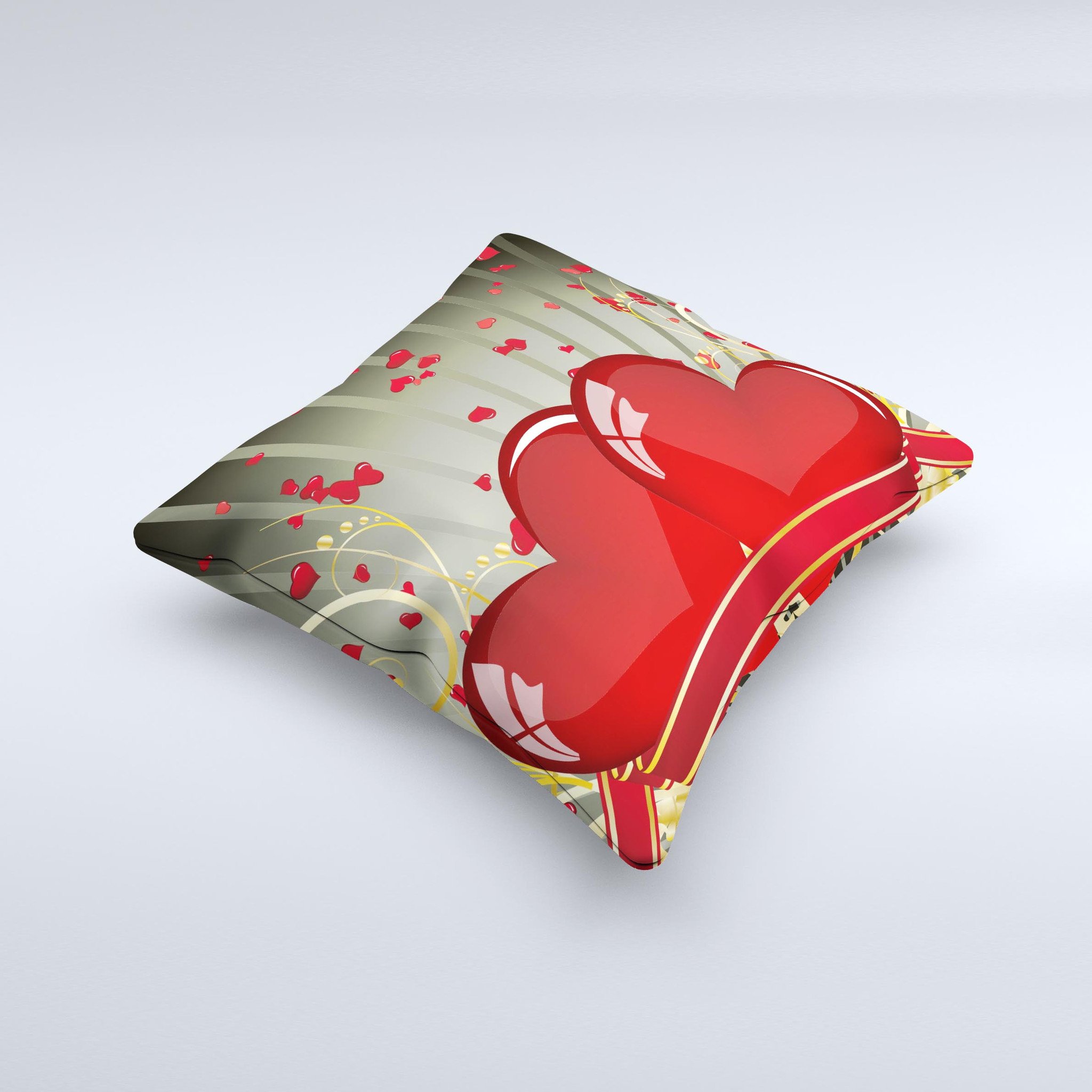 Gold Ribbon Love Hearts ink-Fuzed Decorative Throw Pillow featuring a unique design with gold ribbons and hearts, handcrafted in Virginia.