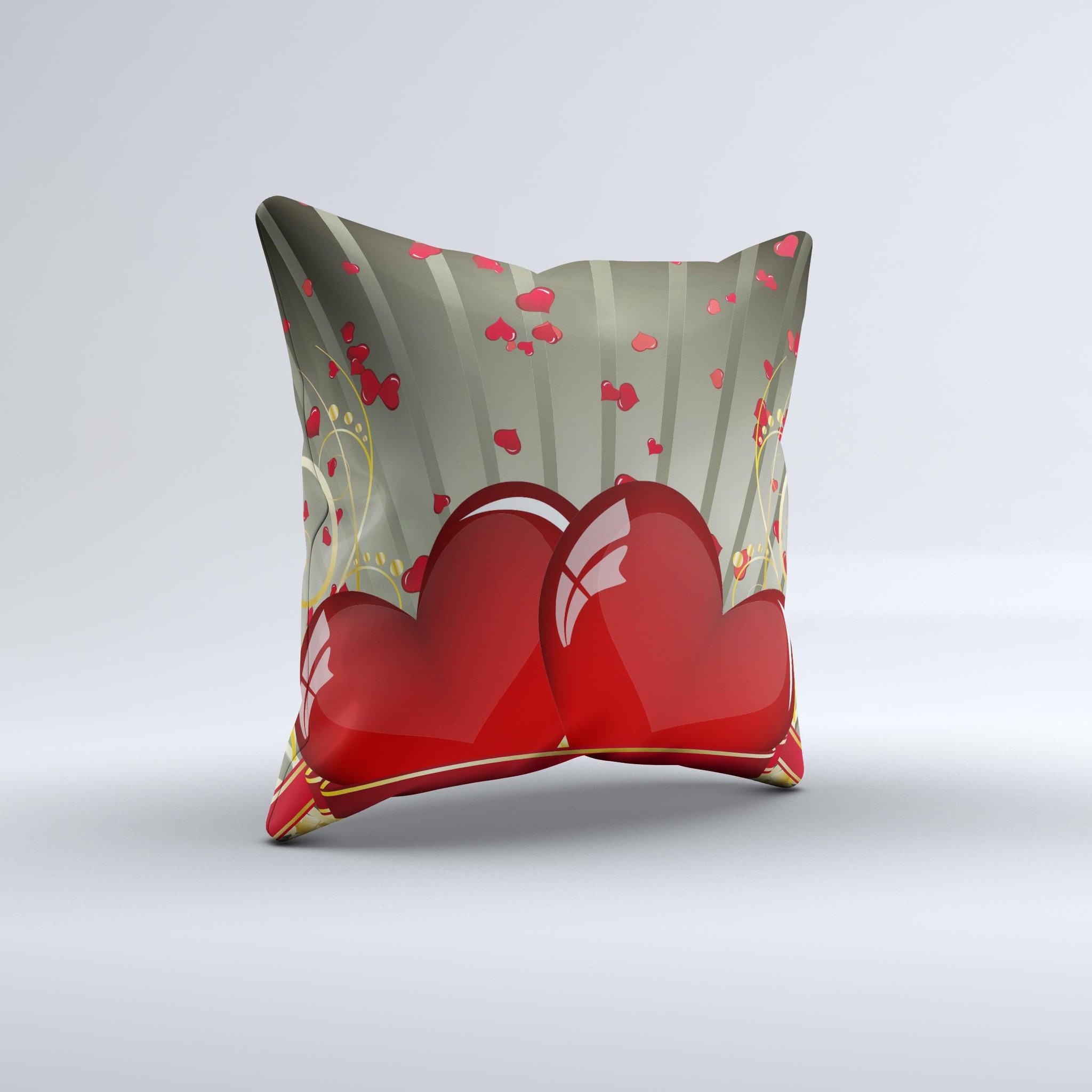 Gold Ribbon Love Hearts ink-Fuzed Decorative Throw Pillow featuring a unique design with gold ribbons and hearts, handcrafted in Virginia.