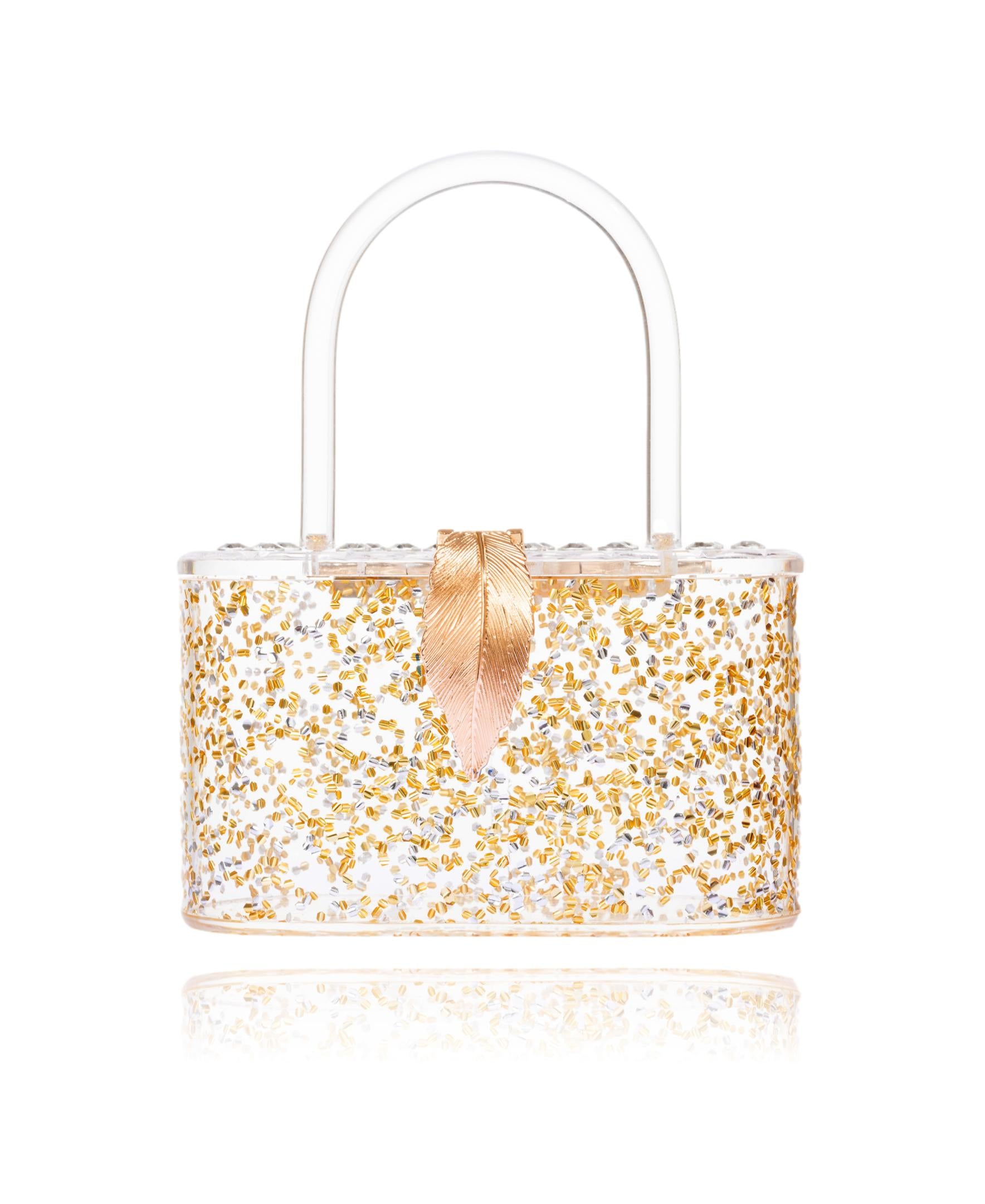 Gold Silver Glitter confetti bag with detachable chain strap and pink satin dust bag, showcasing a sparkly design.