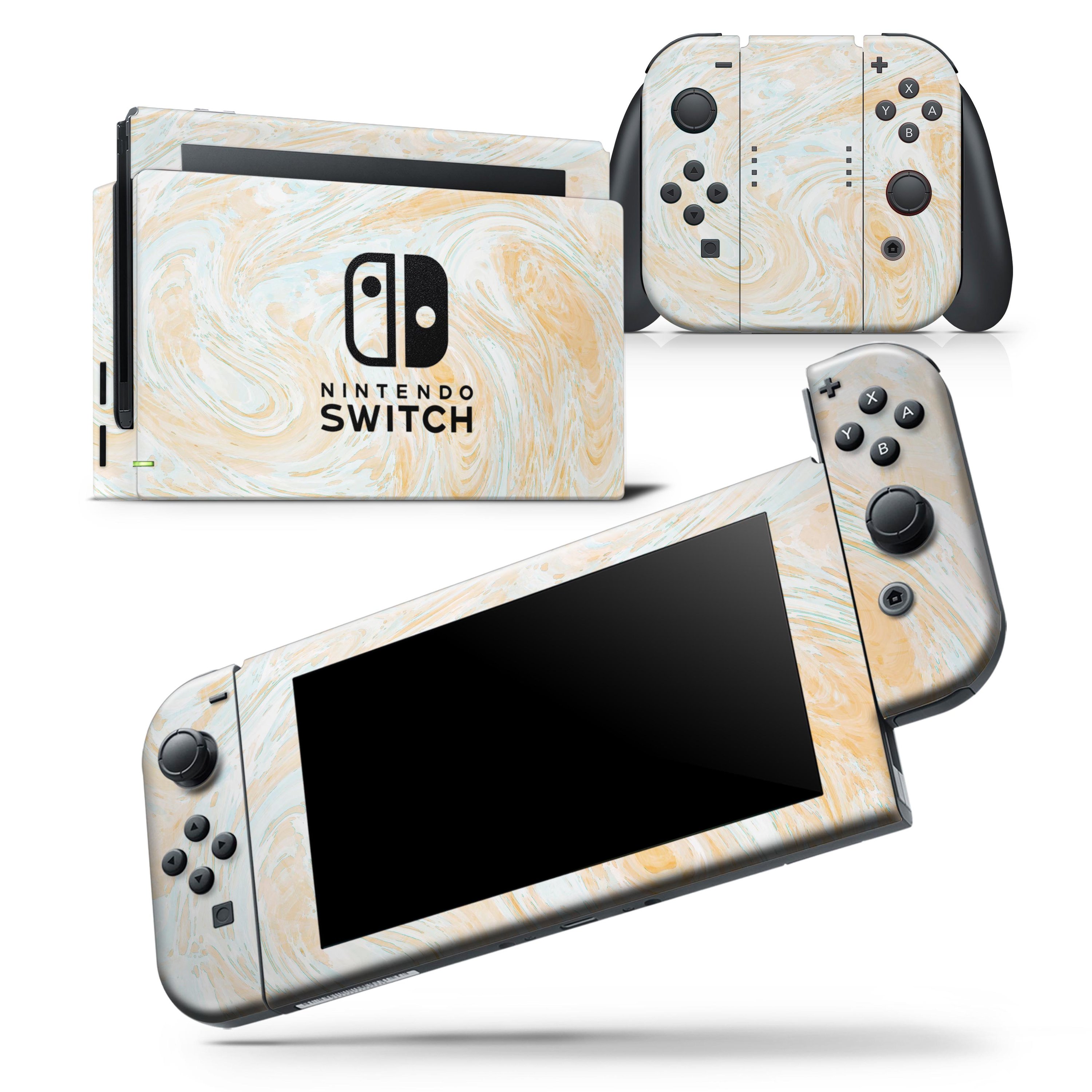 Gold Slate Marble Skin Wrap Decal for Nintendo Switch, showcasing a stylish design that fits the console and controllers perfectly.