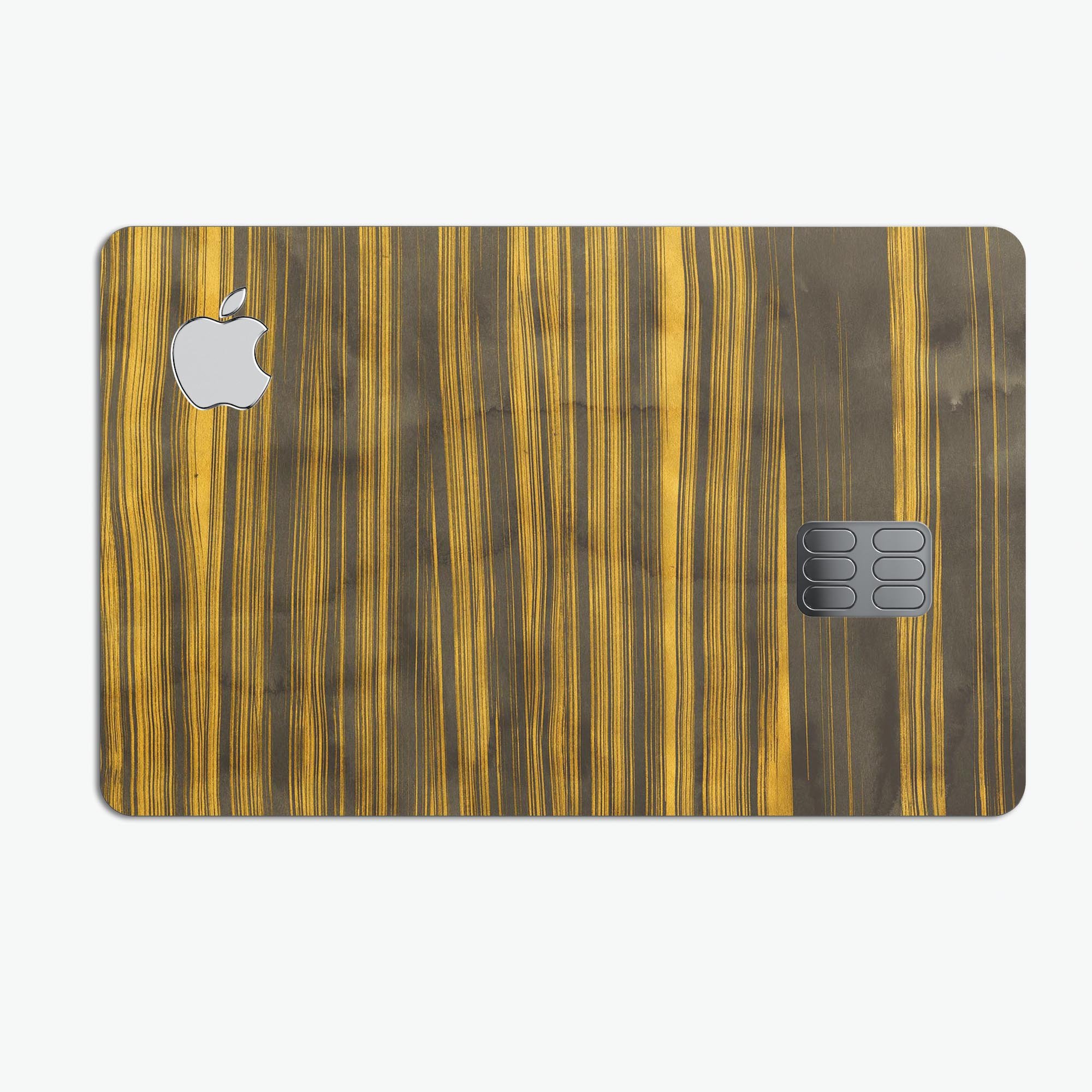 Gold Standard ZebraWood skin kit for Apple Card, showcasing premium vinyl design and protective features.