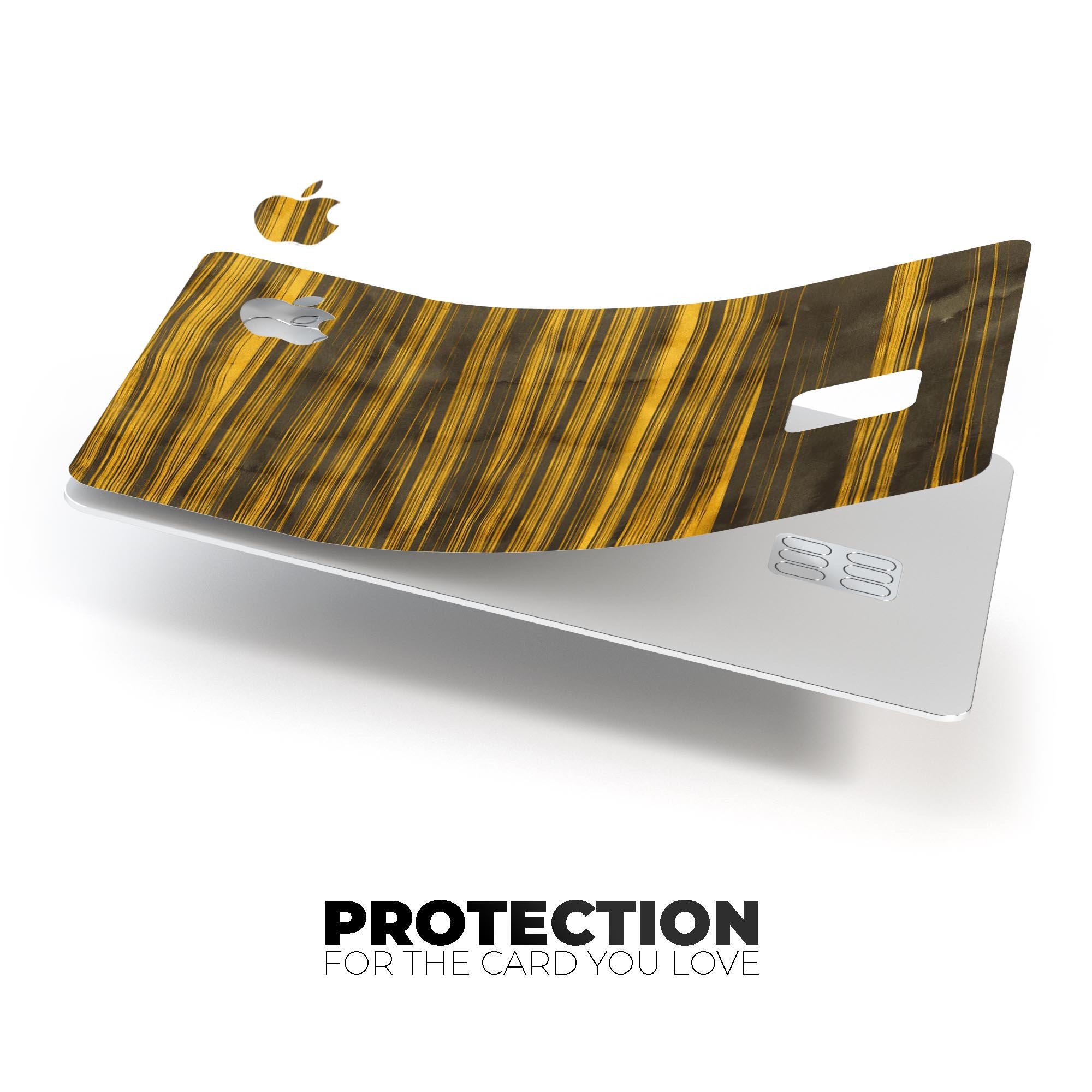 Gold Standard ZebraWood skin kit for Apple Card, showcasing premium vinyl design and protective features.