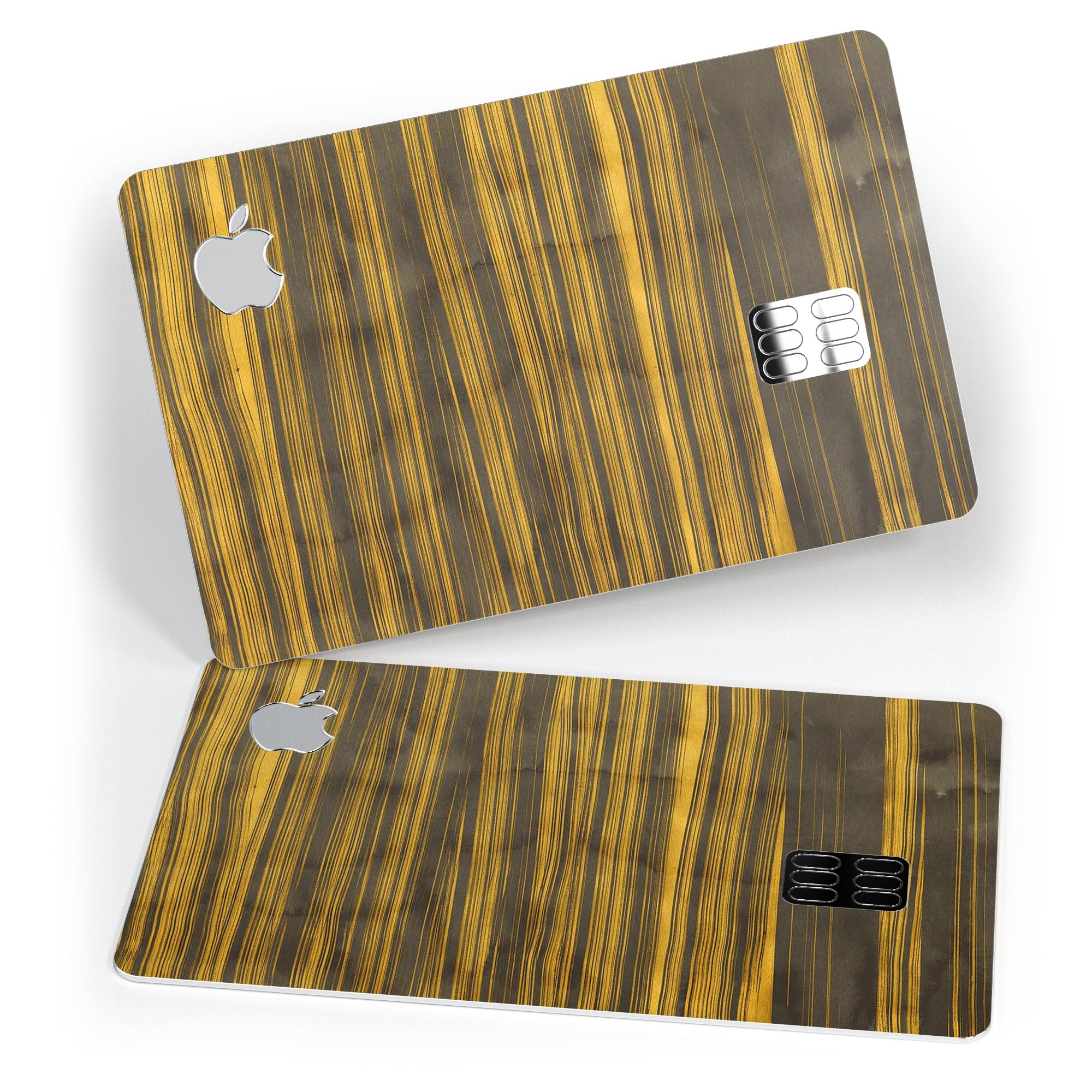 Gold Standard ZebraWood skin kit for Apple Card, showcasing premium vinyl design and protective features.