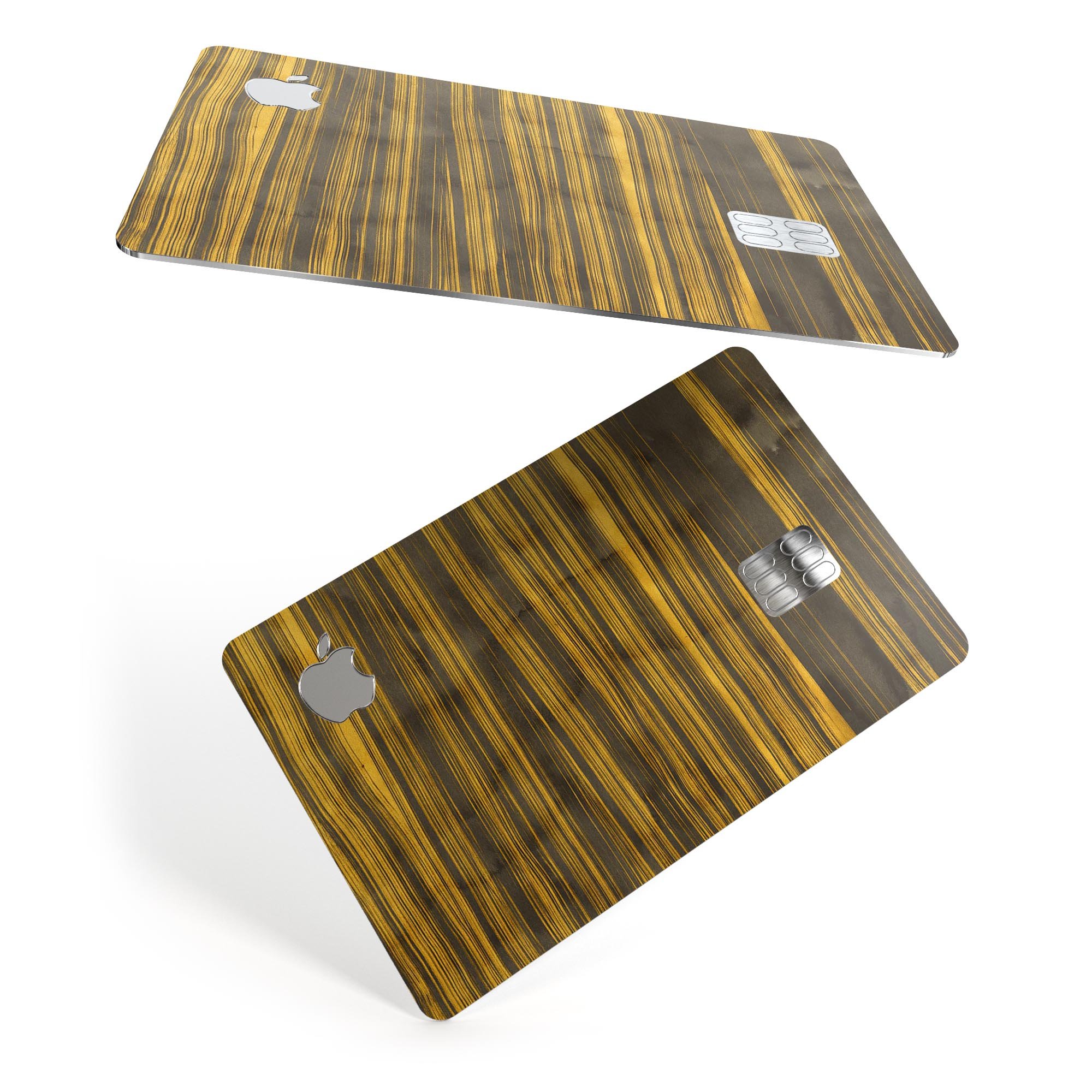 Gold Standard ZebraWood skin kit for Apple Card, showcasing premium vinyl design and protective features.