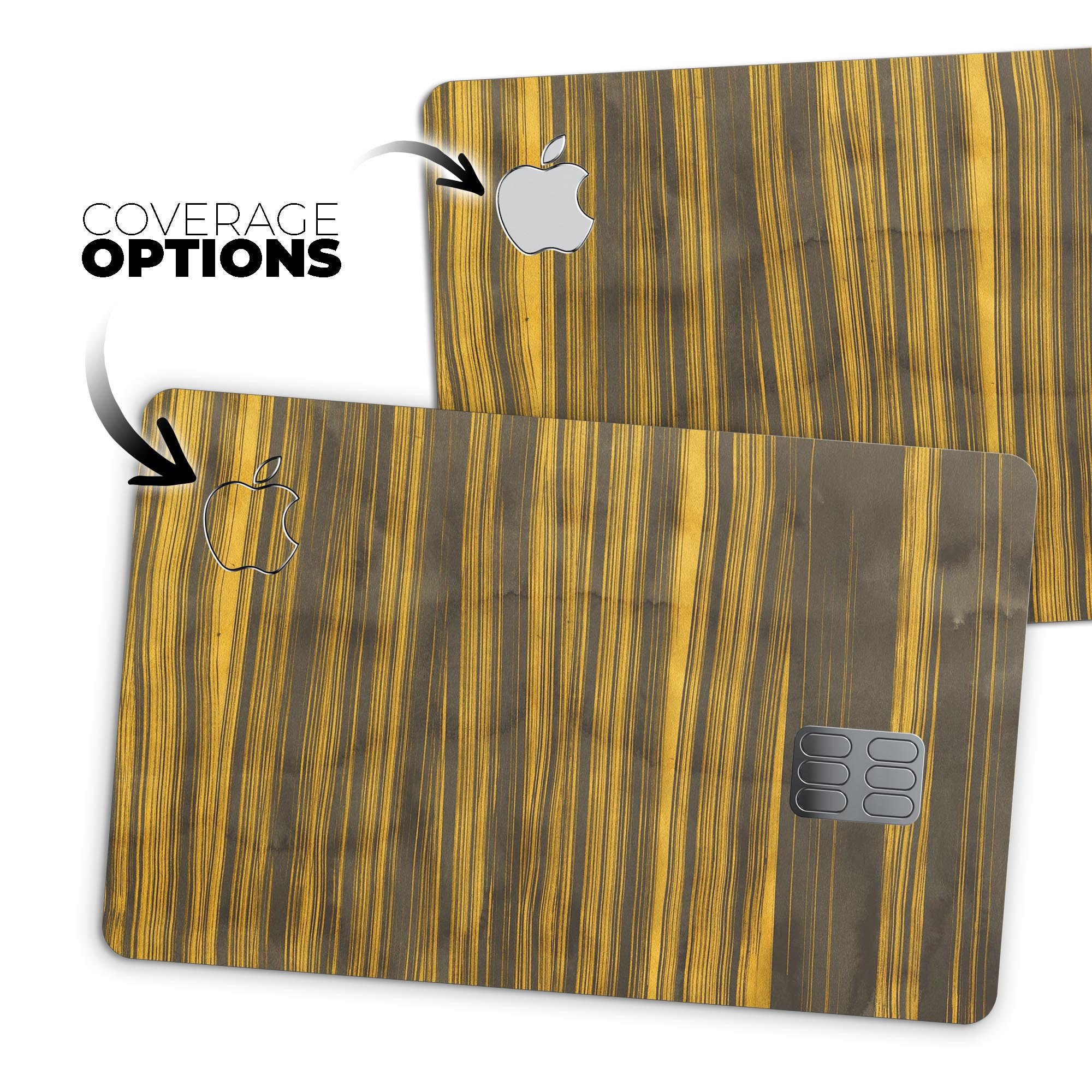 Gold Standard ZebraWood skin kit for Apple Card, showcasing premium vinyl design and protective features.