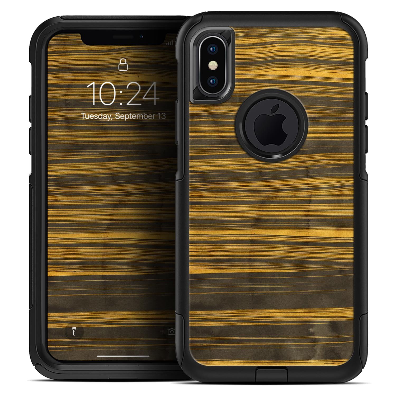 Gold Standard ZebraWood Skin Kit for iPhone OtterBox cases, showcasing a stylish zebra wood design with a premium finish.