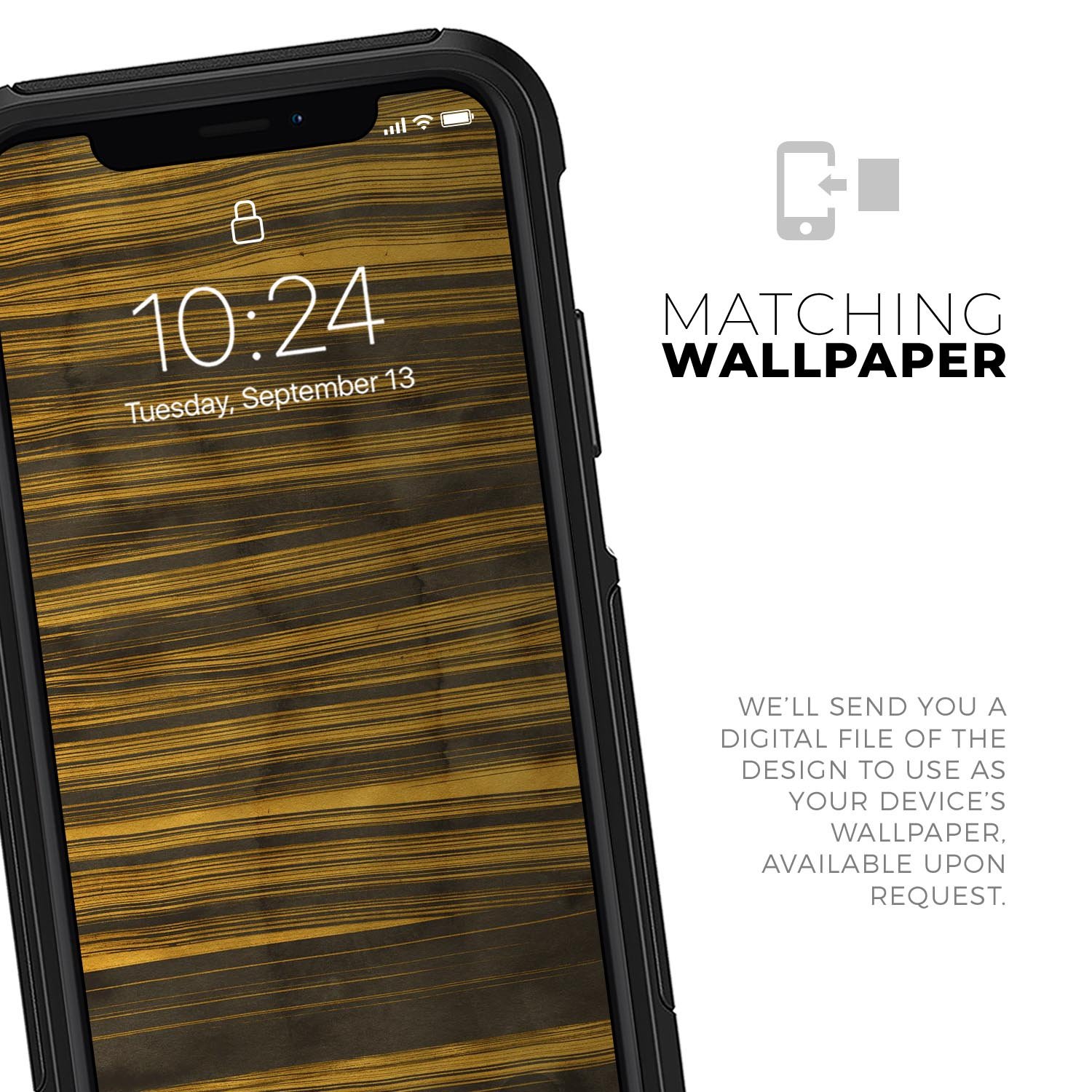 Gold Standard ZebraWood Skin Kit for iPhone OtterBox cases, showcasing a stylish zebra wood design with a premium finish.