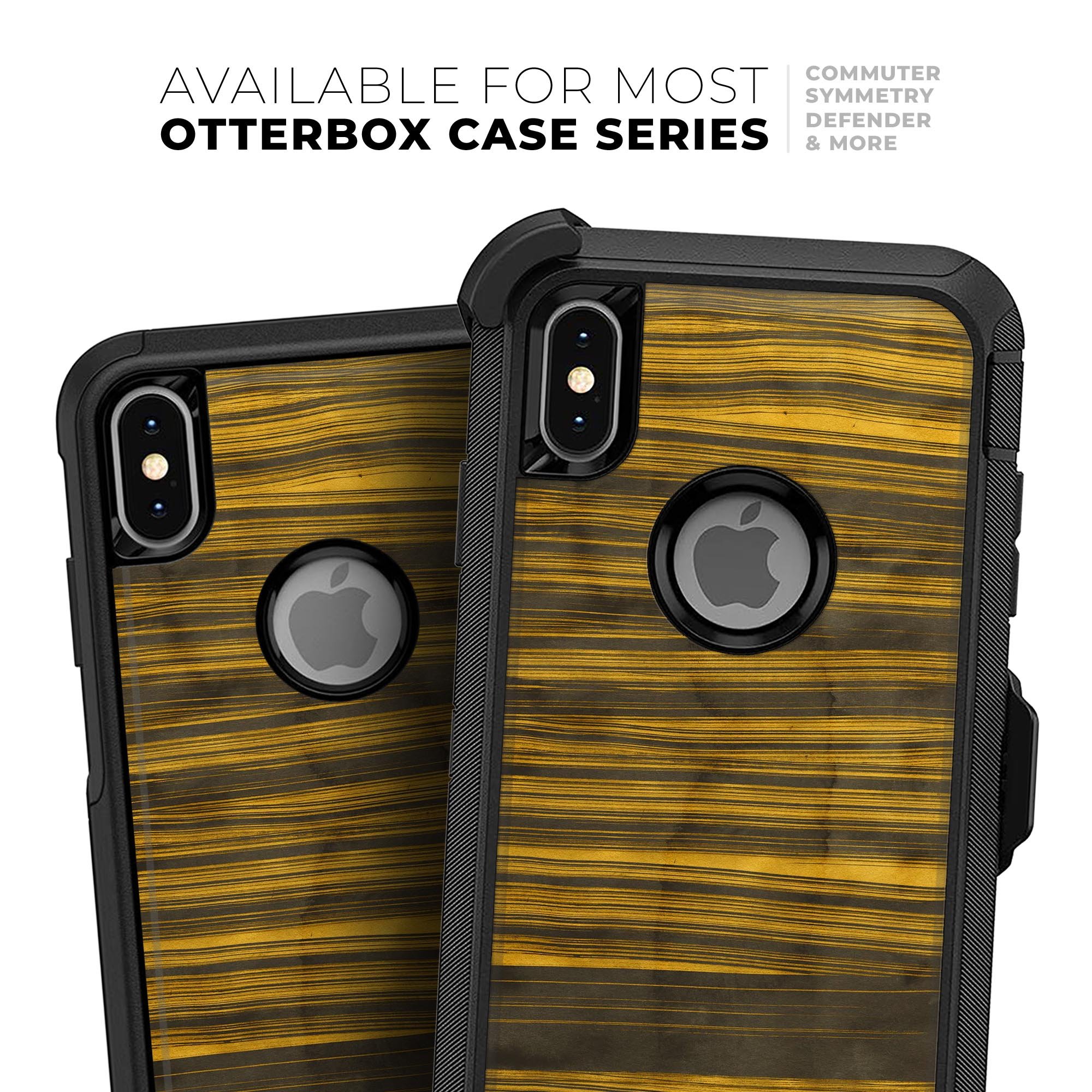 Gold Standard ZebraWood Skin Kit for iPhone OtterBox cases, showcasing a stylish zebra wood design with a premium finish.