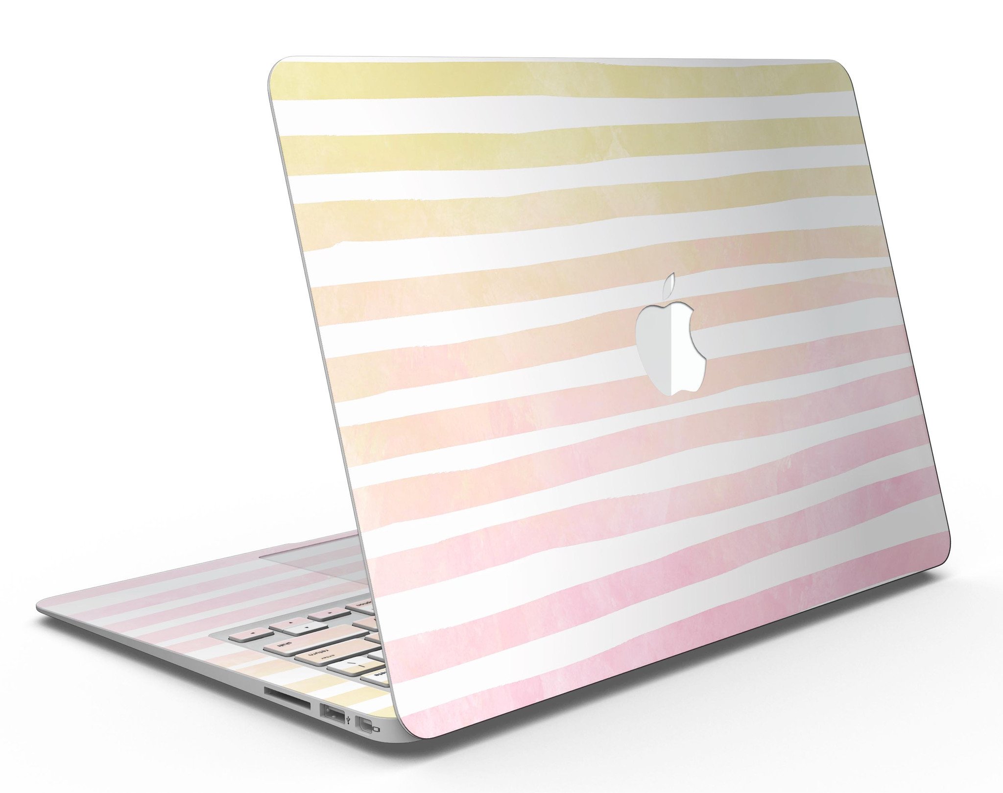 Gold to Pink WaterColor Ombre Stripes MacBook Air Skin Kit showcasing vibrant colors and stylish design.