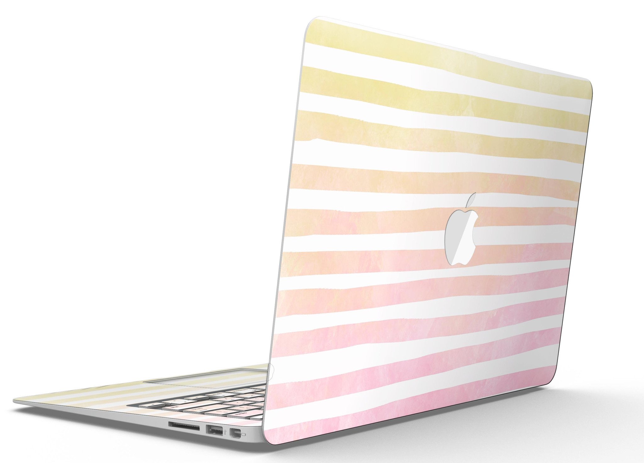 Gold to Pink WaterColor Ombre Stripes MacBook Air Skin Kit showcasing vibrant colors and stylish design.