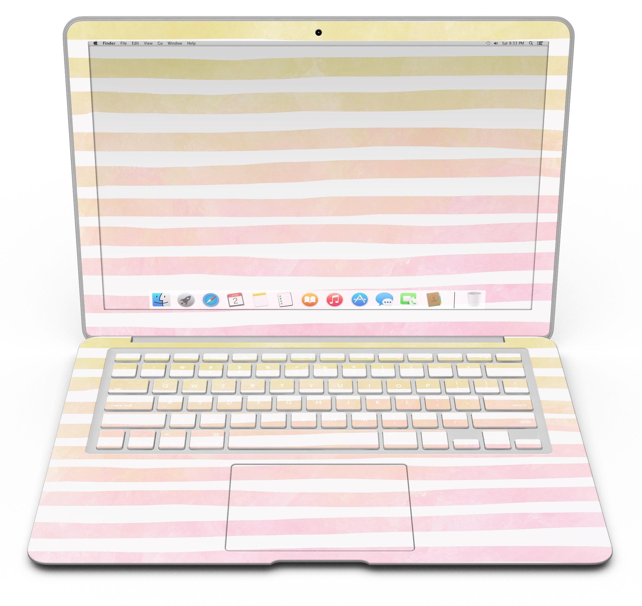 Gold to Pink WaterColor Ombre Stripes MacBook Air Skin Kit showcasing vibrant colors and stylish design.