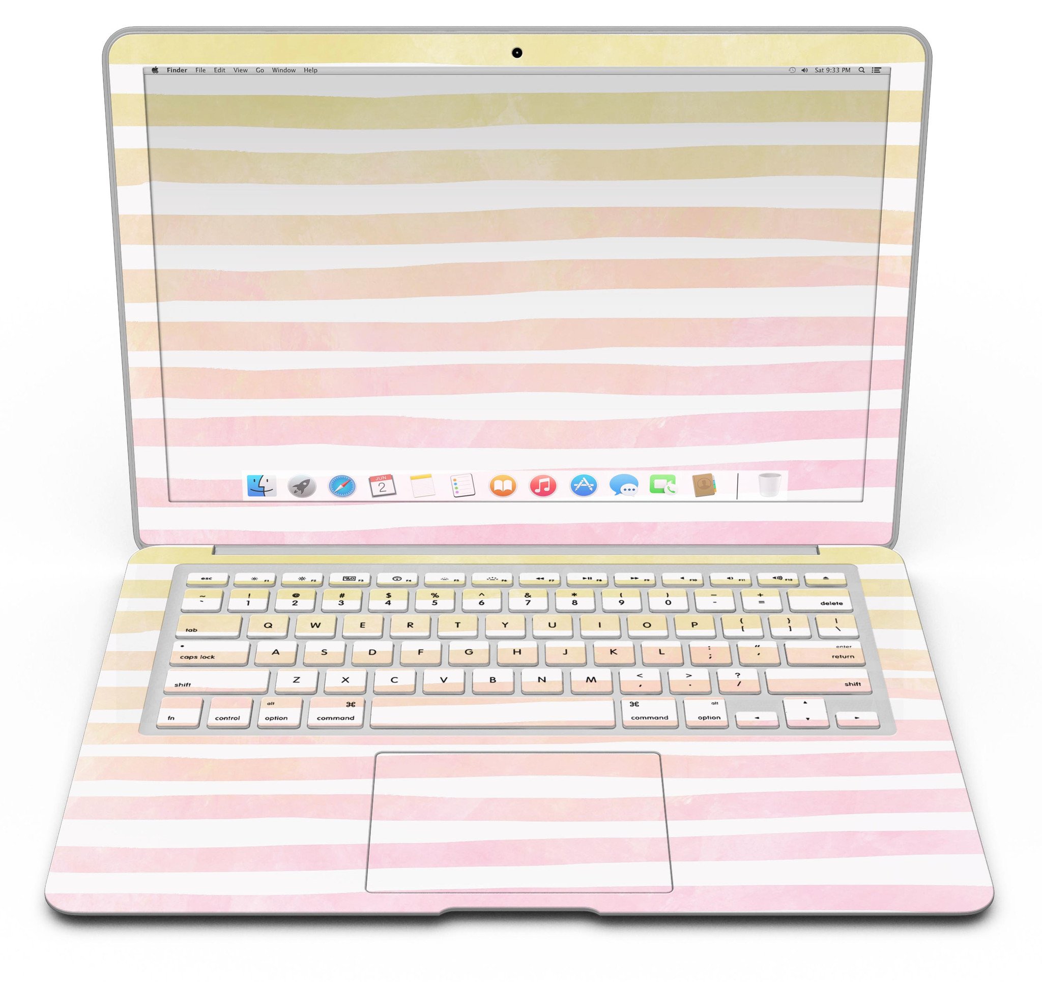 Gold to Pink WaterColor Ombre Stripes MacBook Air Skin Kit showcasing vibrant colors and stylish design.