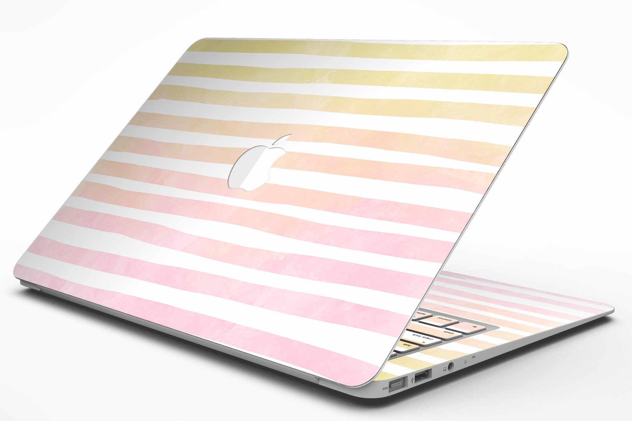 Gold to Pink WaterColor Ombre Stripes MacBook Air Skin Kit showcasing vibrant colors and stylish design.