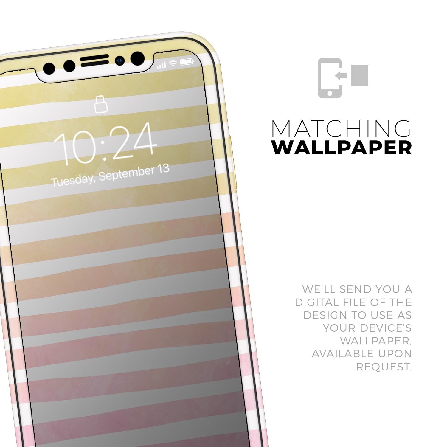 Gold to Pink WaterColor Ombre Stripes skin for iPhone, showcasing vibrant colors and stylish design.