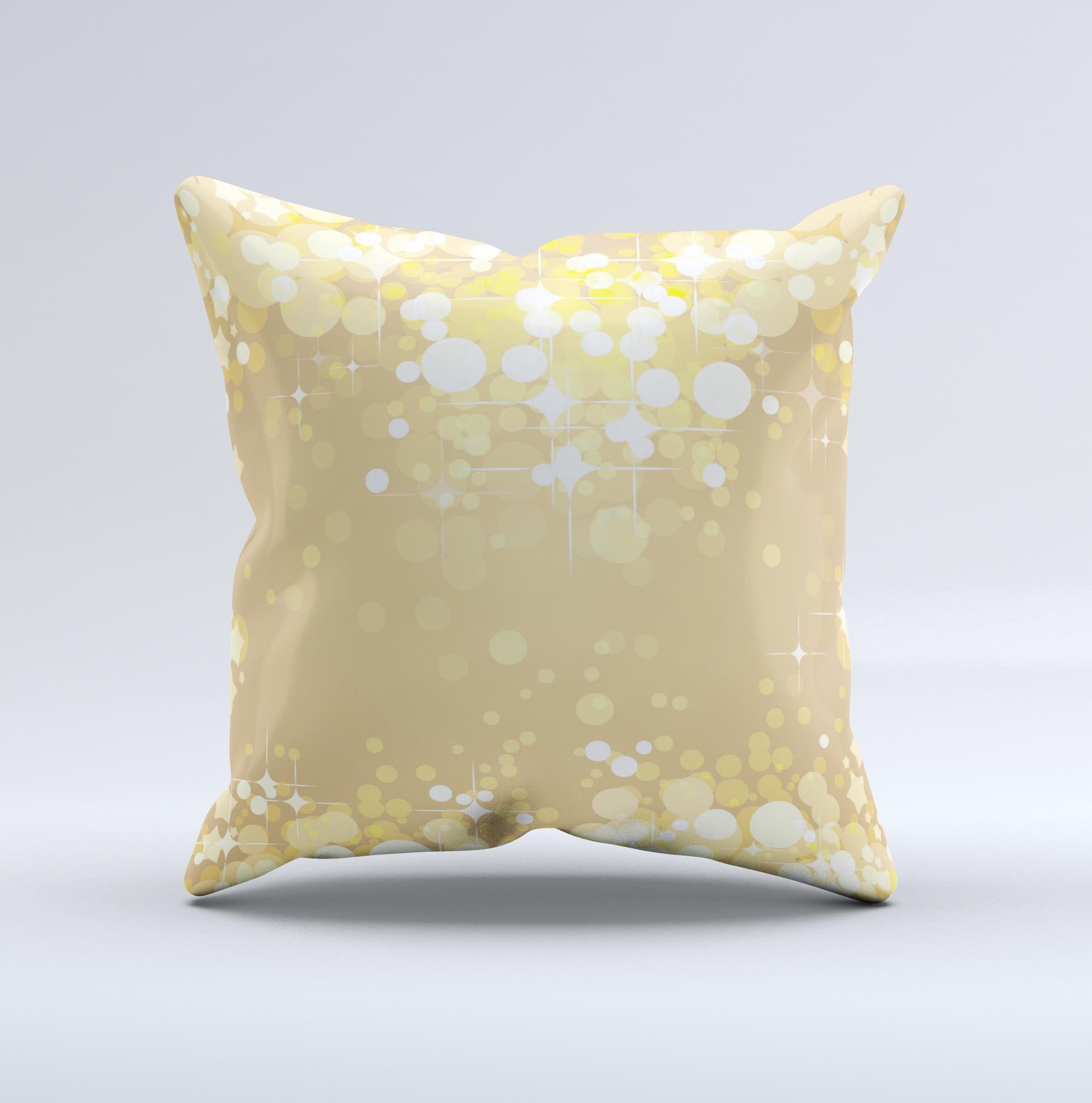 Gold Unfocused Sparkles ink-Fuzed Decorative Throw Pillow showcasing a unique design with sparkles on a soft fabric.