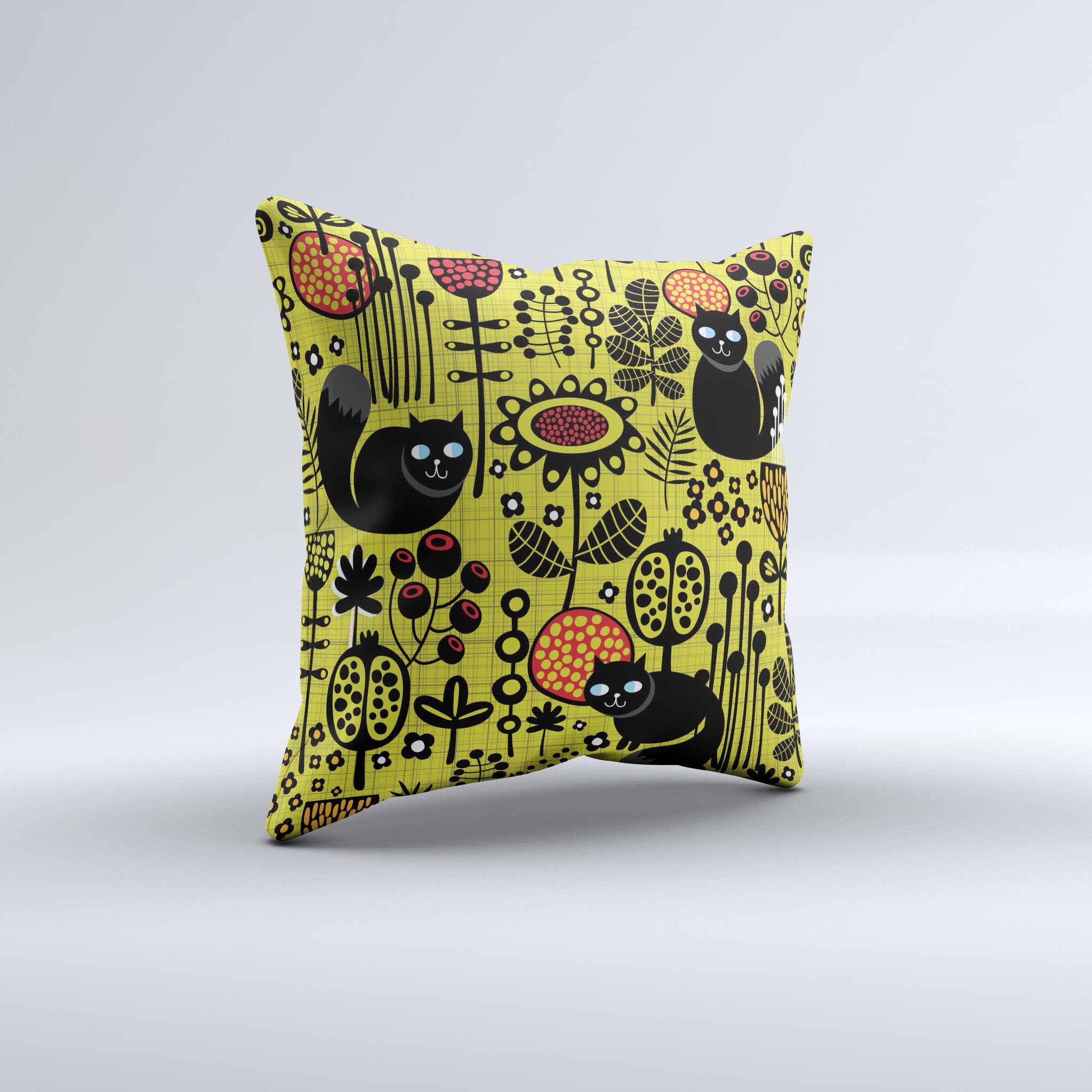 Gold vector illustration of a fat cat on a decorative throw pillow, showcasing vibrant colors and unique design.